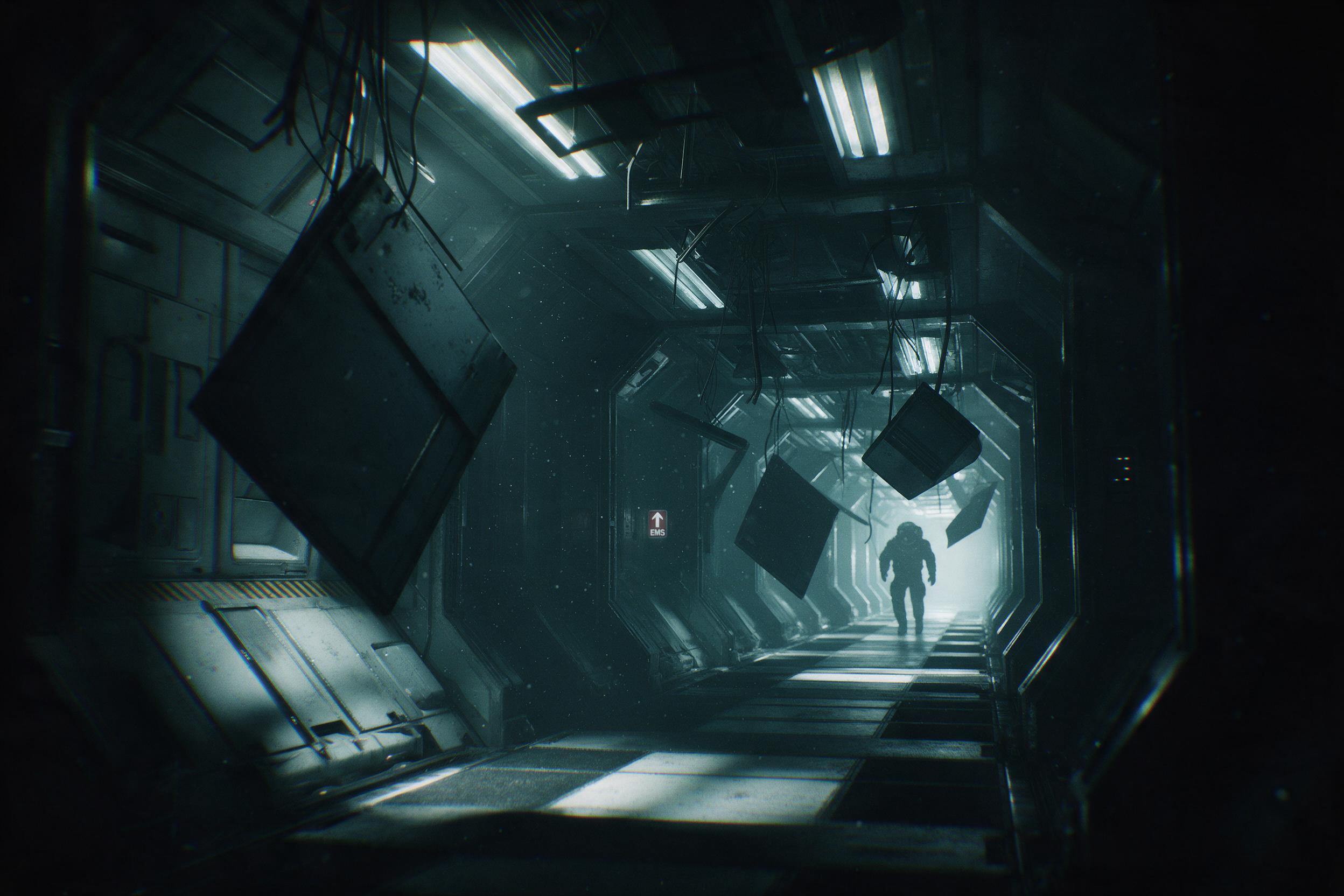 A derelict space station corridor, ceiling panels hanging by cables, cold fluorescent light flickering, dust motes drifting, blurred silhouette of an astronaut approaching, deep shadows, subtle chromatic aberration