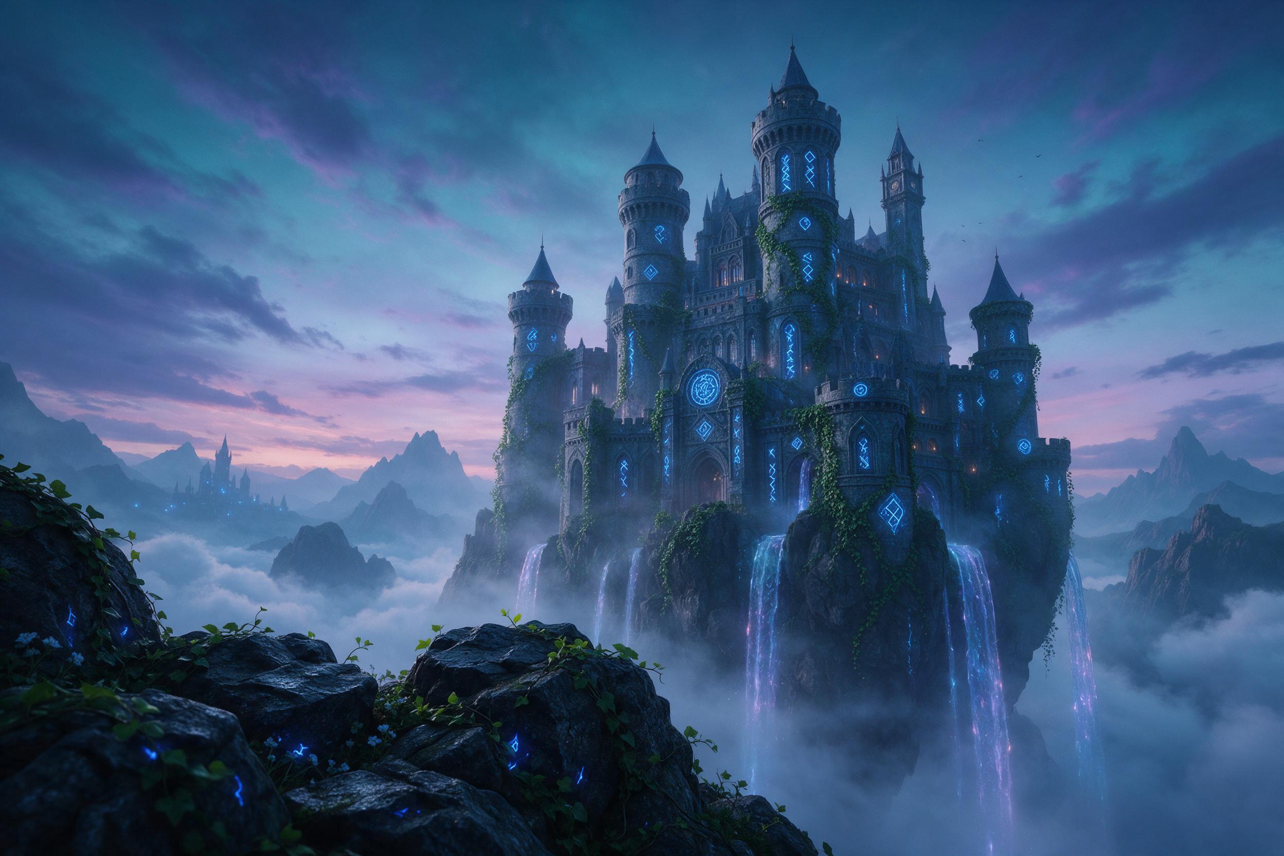 Ancient floating castle over a misty chasm, crystalline waterfalls cascading into clouds, wrapped in creeping ivy and glowing blue runes, twilight hues of purple and teal, soft diffused light filtering through drifting fog, viewed from a low angle emphasizing scale and mystery.