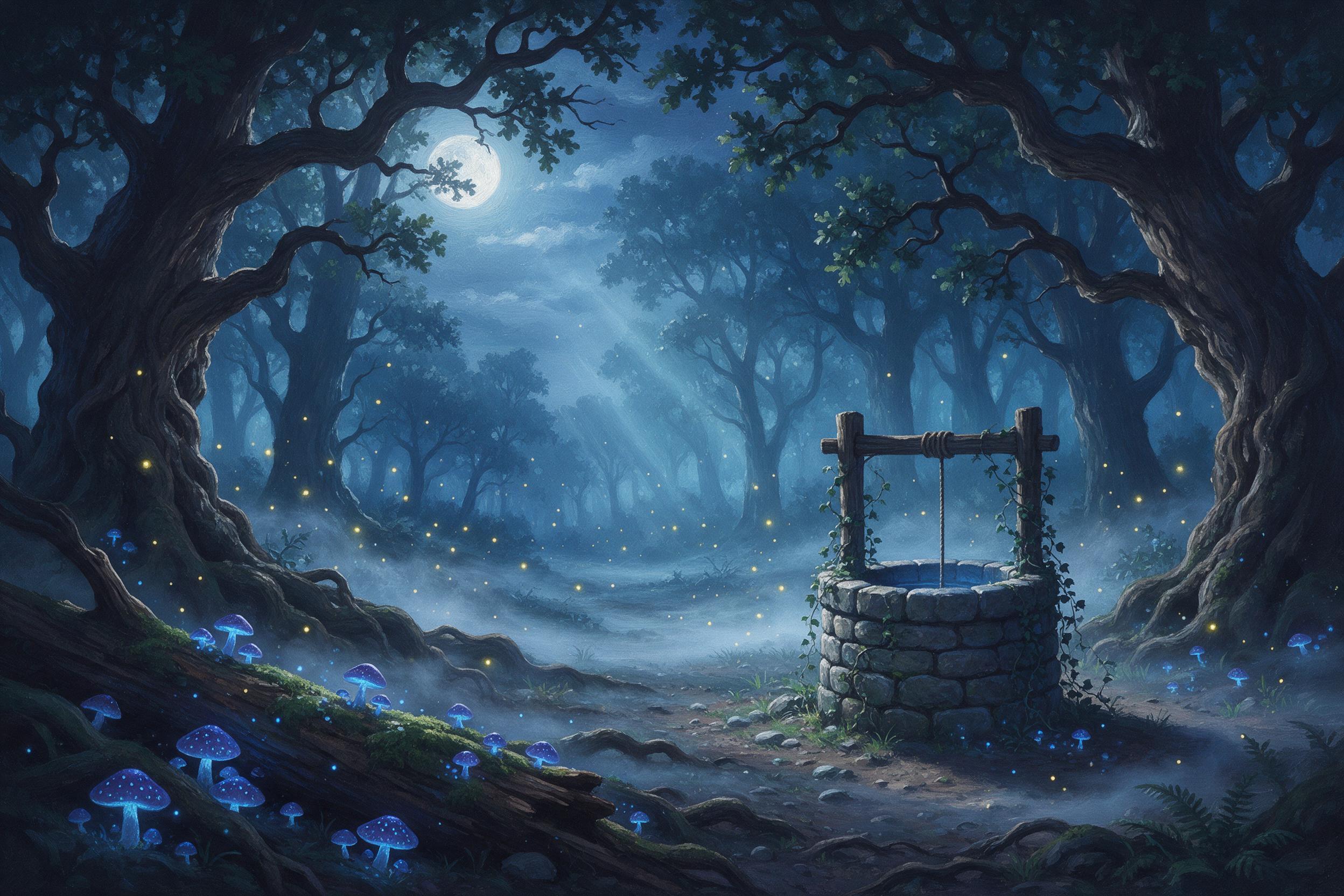 A moonlit enchanted forest clearing, ancient twisted oaks with glowing blue mushrooms, a silver mist swirling low, fireflies like tiny lanterns, a rustic stone well covered in ivy, ethereal light rays piercing the canopy, misty depth, painterly textures