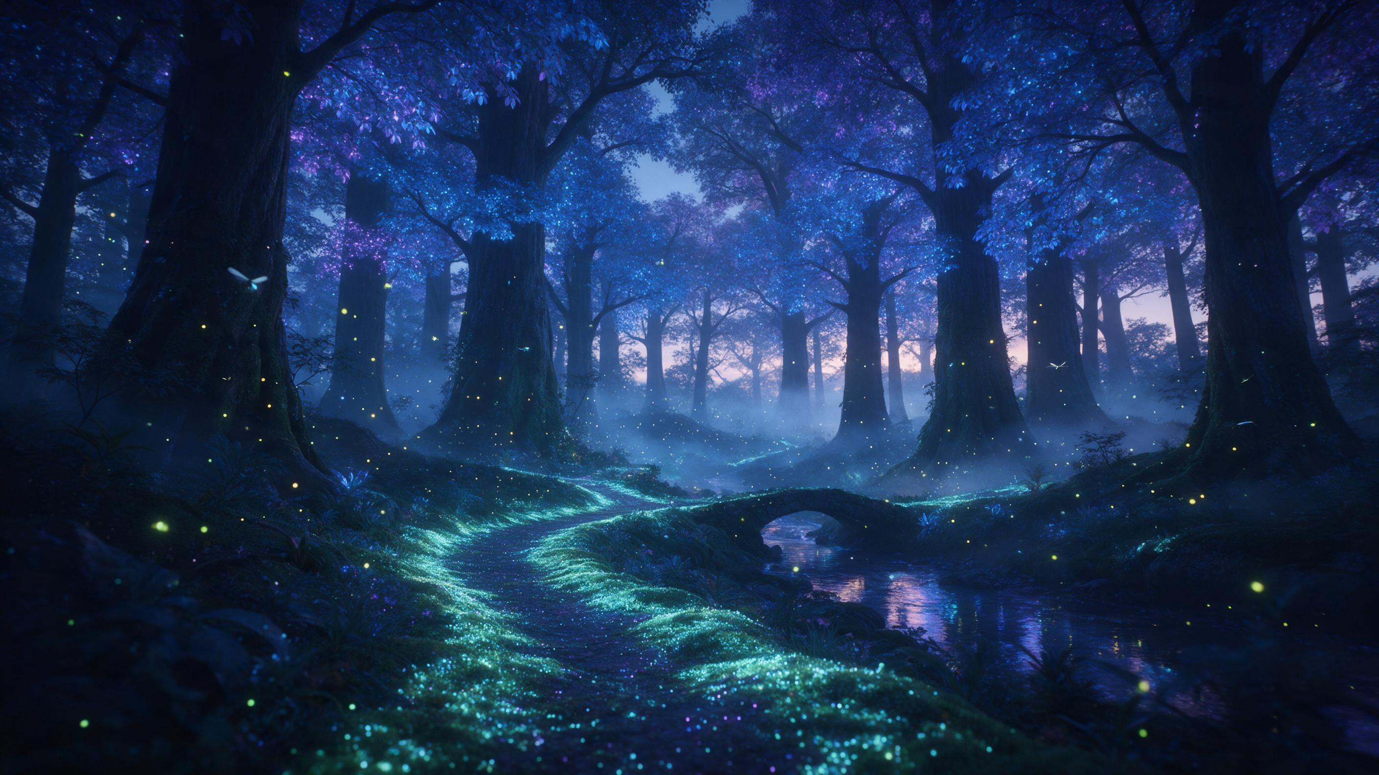 A bioluminescent forest at dusk, ancient towering trees with glowing blue and violet leaves, a winding path covered in luminous moss, fireflies drifting in the air, soft mist between trunks, a small stone bridge crossing a stream reflecting the otherworldly glow, cool color palette, ethereal atmosph