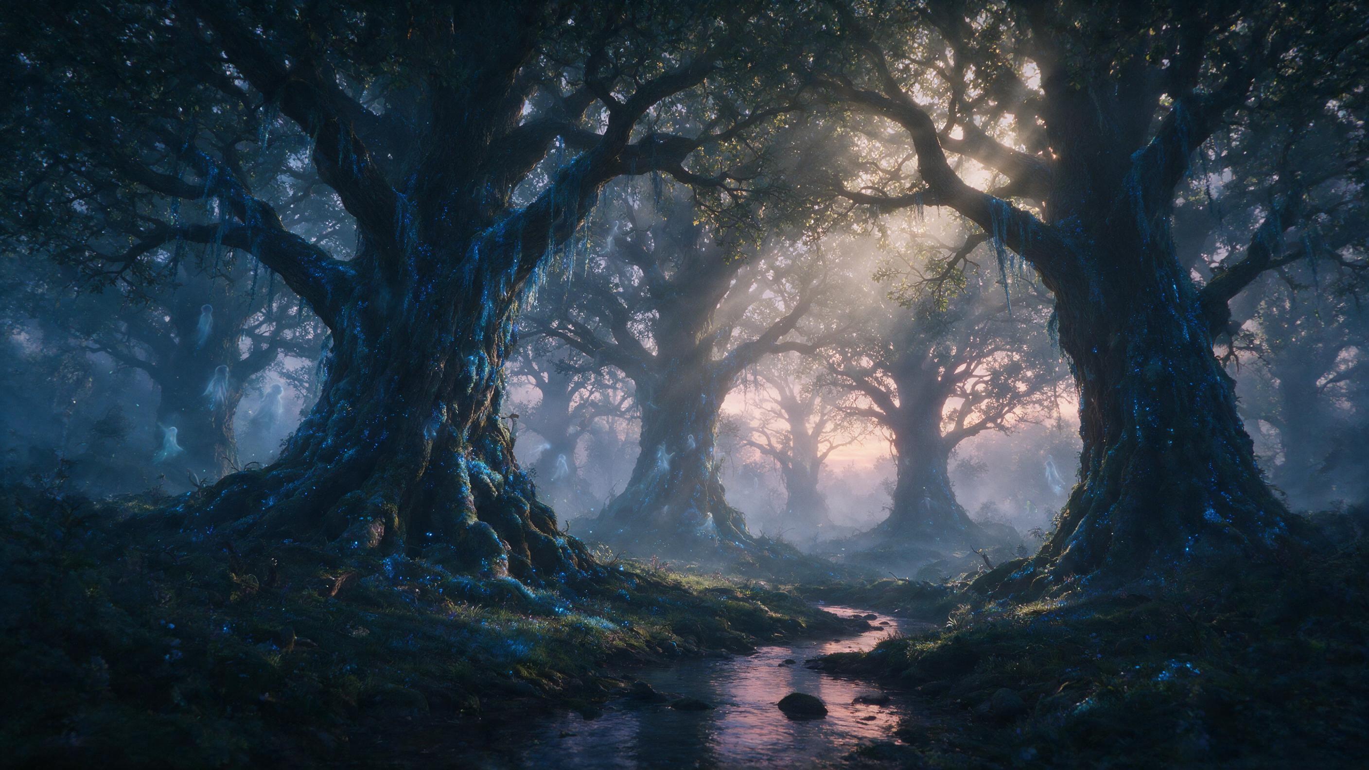 A misty enchanted forest at dawn, colossal ancient oaks with luminescent blue moss, faint silhouettes of floating spirits between trunks, soft golden god rays piercing the canopy, a winding brook reflecting the twilight sky, cinematic depth of field, ethereal atmosphere, no visible humans or animals