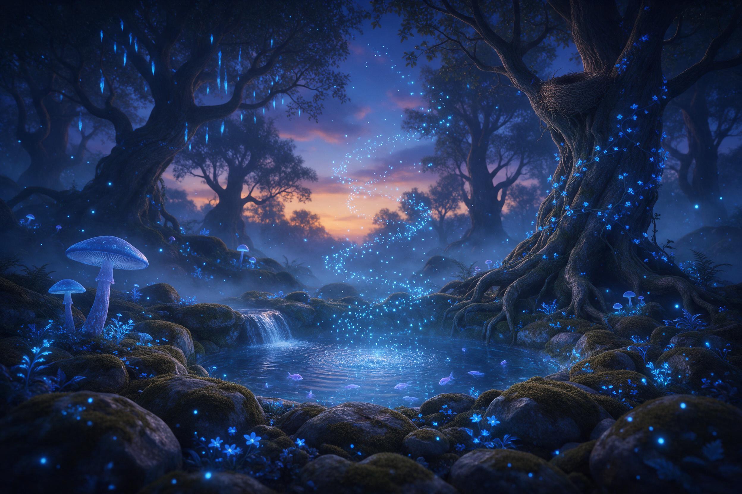 A hidden forest glade at twilight, where ancient gnarled trees entwine with glowing blue flora, a small bubbling spring with luminescent fish, fireflies swirling in spiral patterns, soft mist creeping over mossy stones, tall mushrooms with translucent caps, cool blue and violet palette, ethereal atm