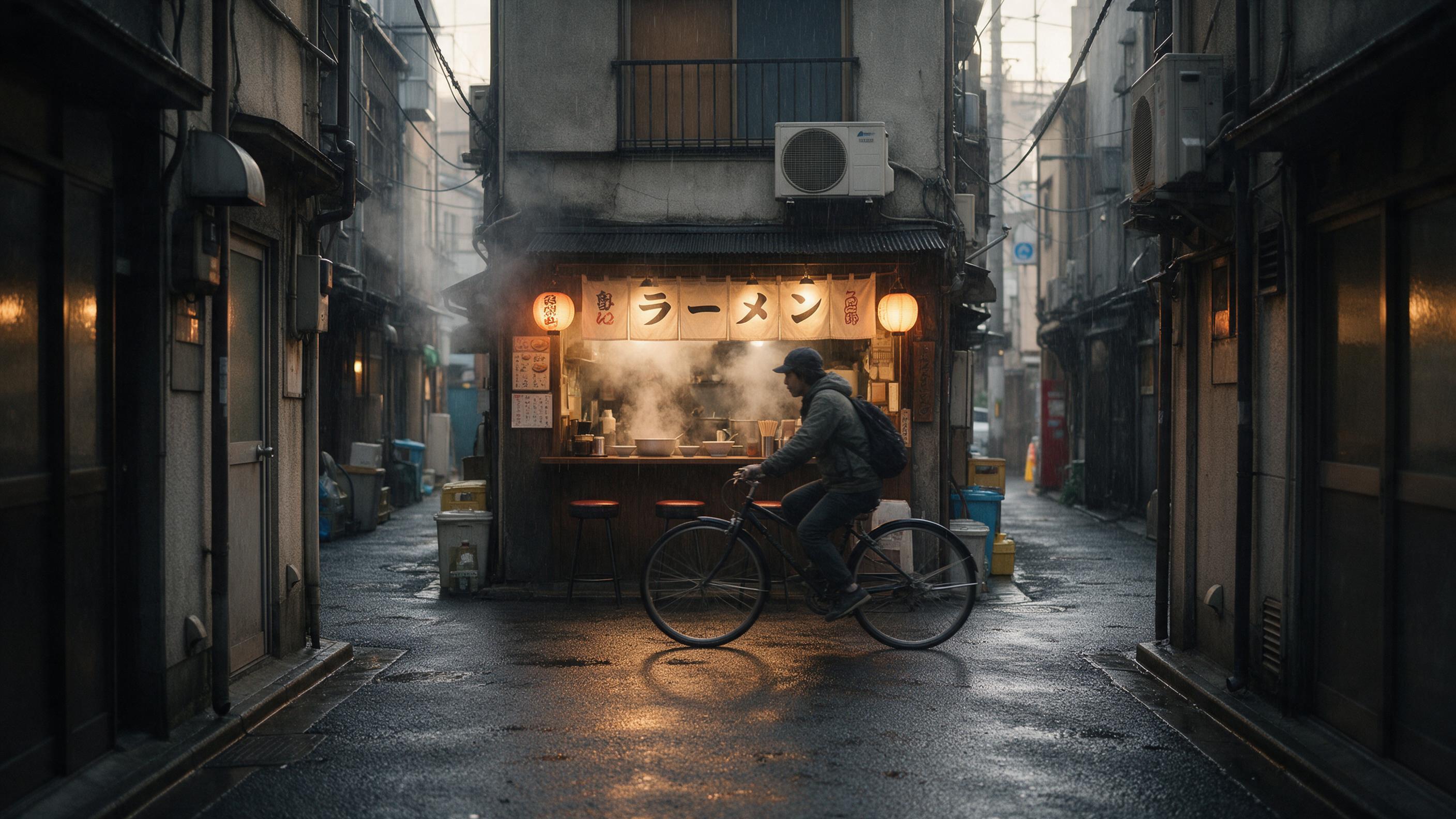 A quiet morning in a narrow Tokyo alley, steam rising from a small ramen shop, warm lantern light spilling onto wet asphalt, a lone cyclist passing through, soft rain, cinematic composition with leading lines, muted tones, natural atmospheric depth.