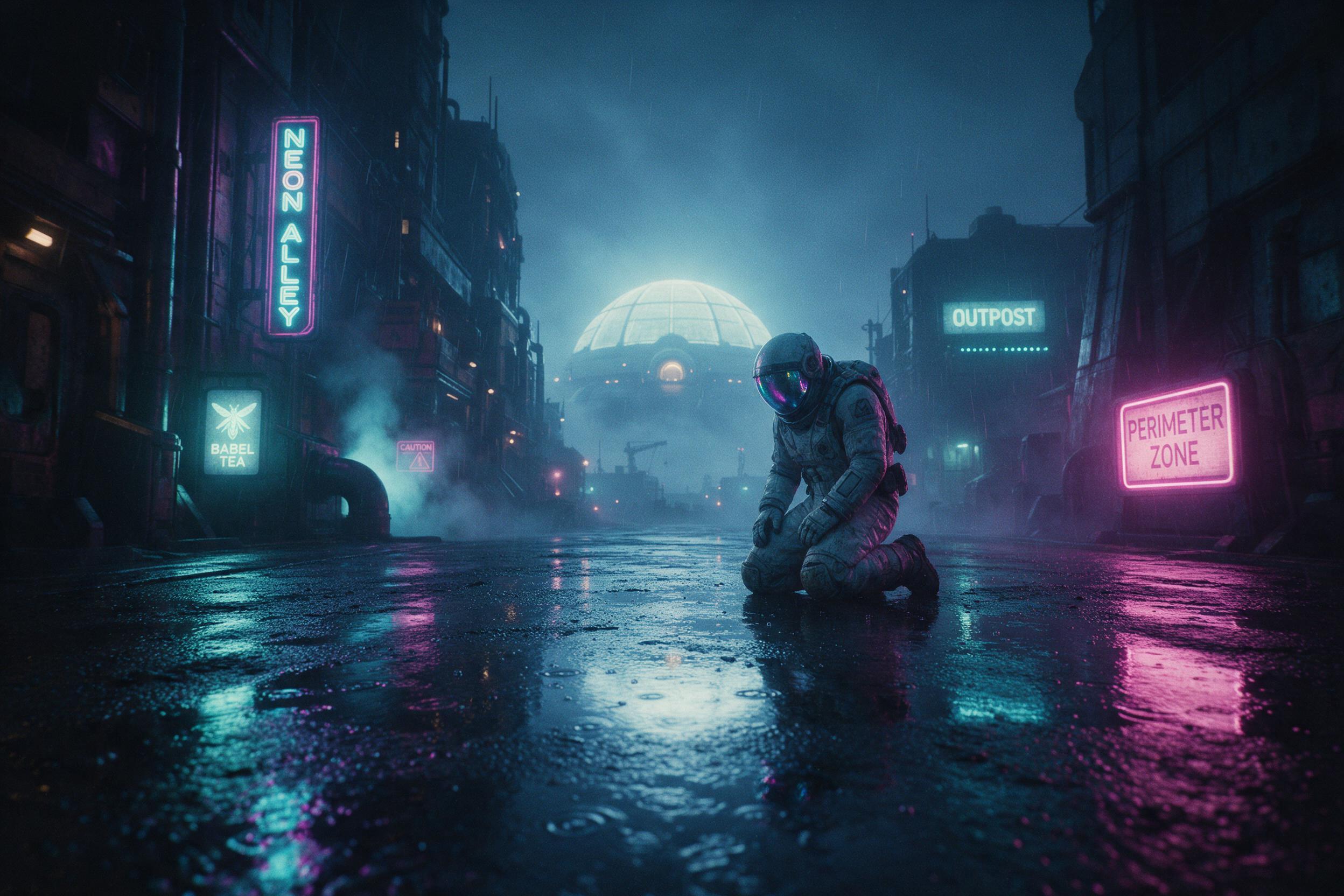 A lone astronaut kneeling in a vast, rain-slicked neon alley on a distant colony world, reflections of cyan and magenta signs stretching across puddles, fog curling from vents, a distant dome glowing on the horizon, cinematic low-angle shot, moody atmospheric haze, subtle film grain
