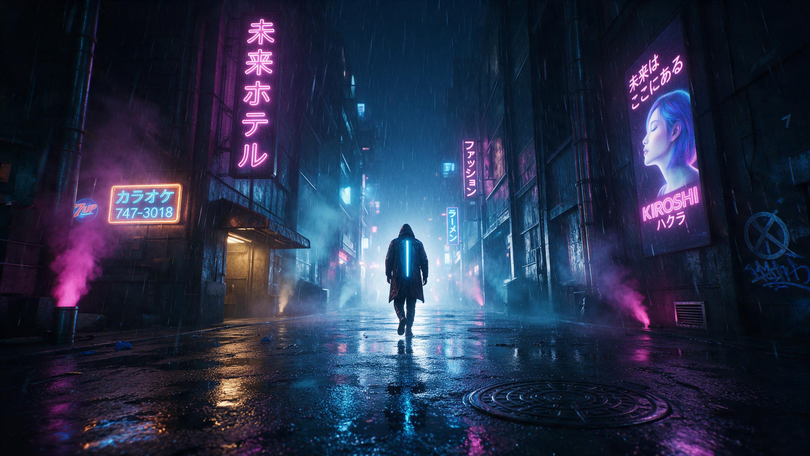 A rain-soaked cyberpunk alley at night, neon signs reflecting in puddles, steam rising from vents, a lone figure in a glowing coat walking away, motion blur, cinematic wide shot, moody atmospheric lighting