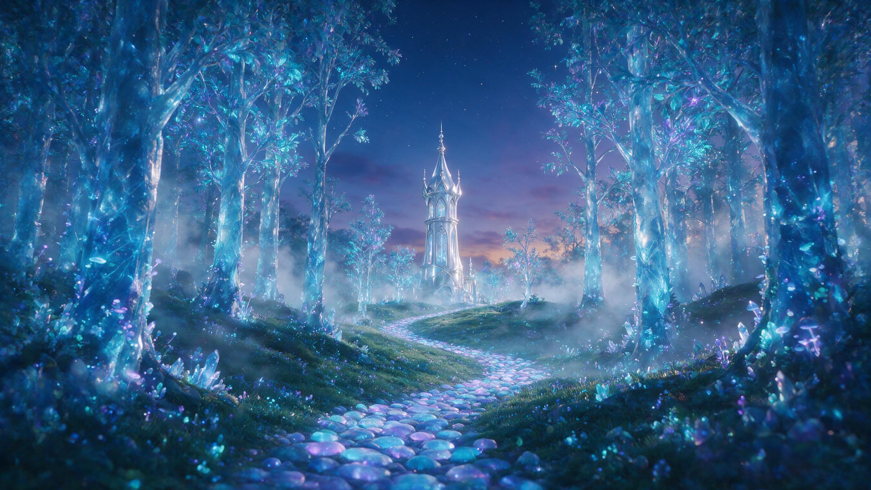 A luminous crystalline forest at twilight, bioluminescent flora casting soft blue and violet light, a winding path of glowing stones leading to a distant silver tower, mist weaving between tall slender trees, subtle lens flare, dreamy atmosphere, 85mm cinematic composition