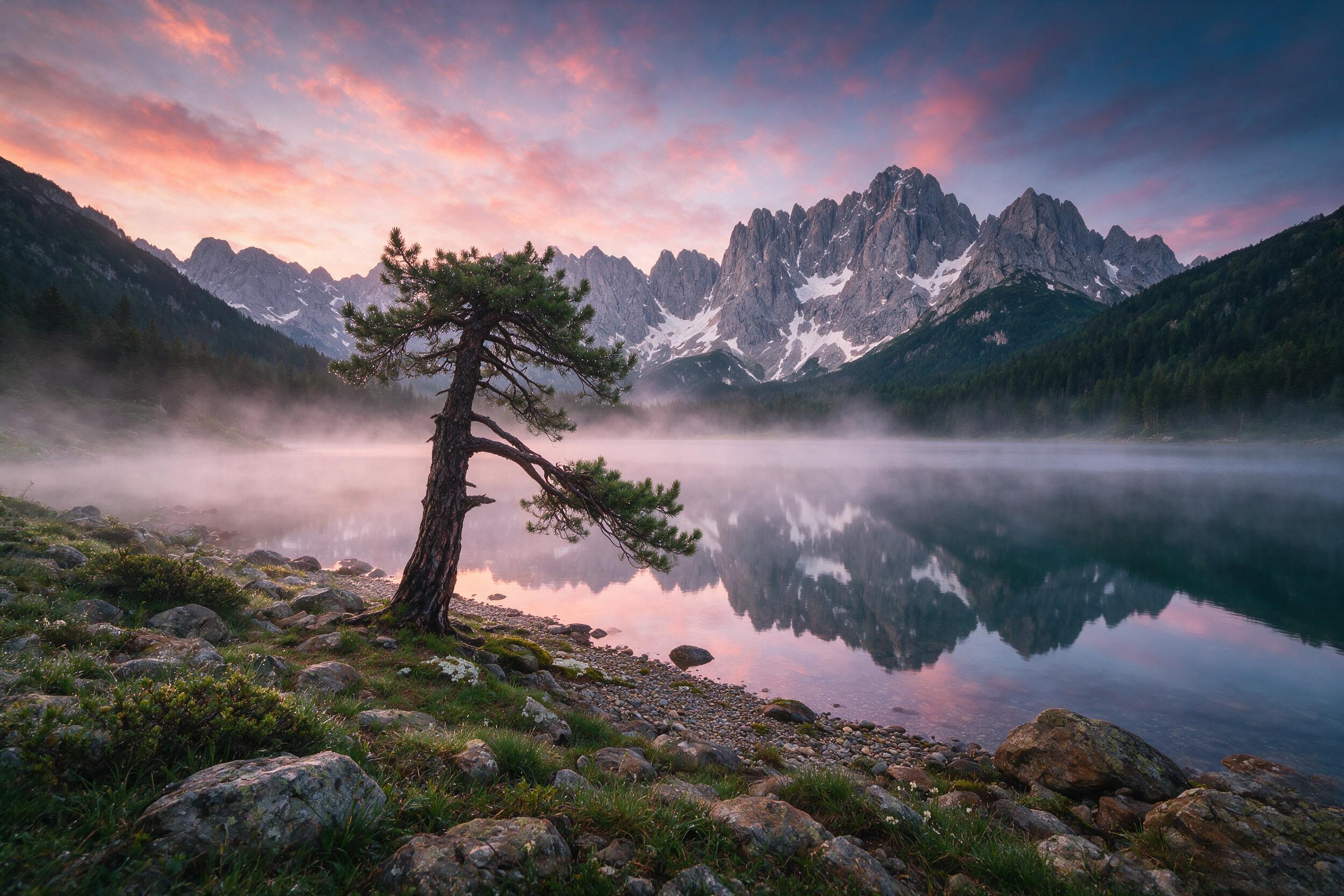 A misty alpine lake at dawn, mirror-calm water reflecting jagged granite peaks and a sky streaked with coral and lavender. A lone pine leans over the shore, dew glistening on its needles. Soft fog hugs the waterline, diffusing light into a gentle glow. Composition: wide-angle, foreground rocks leadi