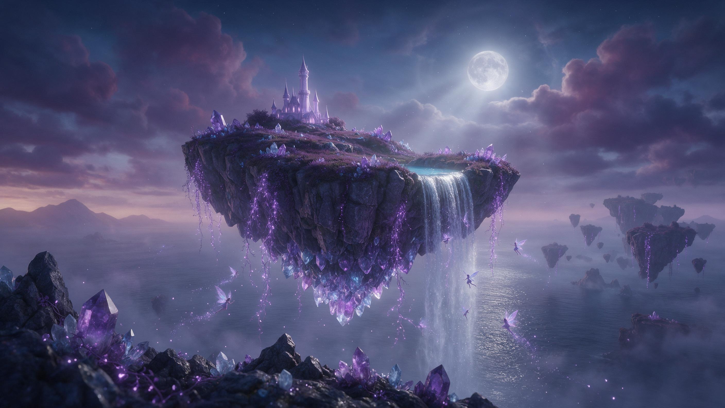 An enchanted floating crystal island above a misty twilight sea, glowing violet bioluminescent vines cascading down cliffs, small winged fae silhouettes dancing near a silver waterfall, soft moonlight breaking through swirling clouds, panoramic view with layered depth, dreamy ethereal atmosphere.