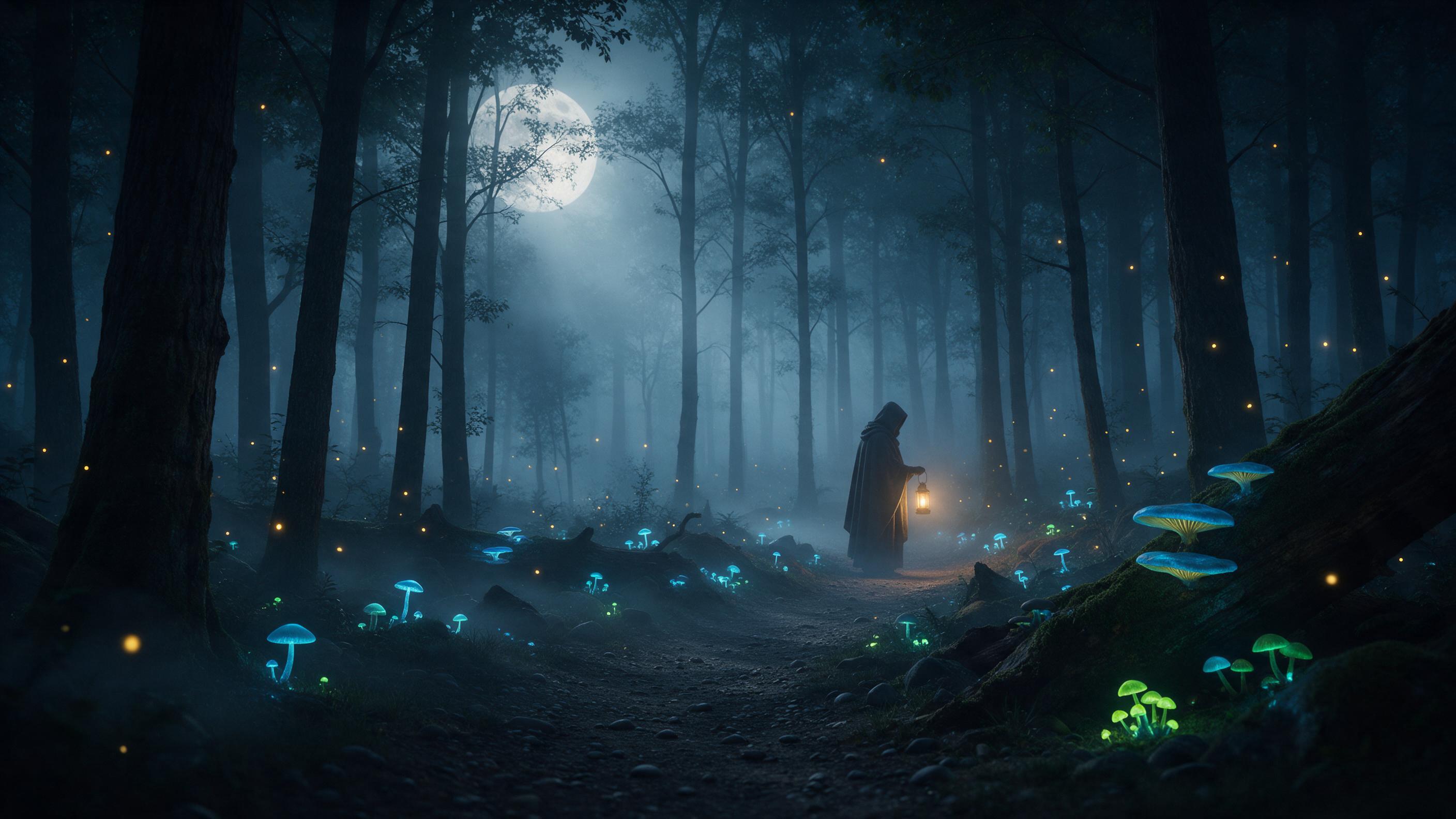 A misty ancient forest under a full moon, where bioluminescent mushrooms glow along a winding path, a cloaked figure with a lantern stands at a distance, fireflies drifting, soft fog, cool blue and green palette, gentle moonlight casting long shadows, cinematic composition, ethereal atmosphere, no t