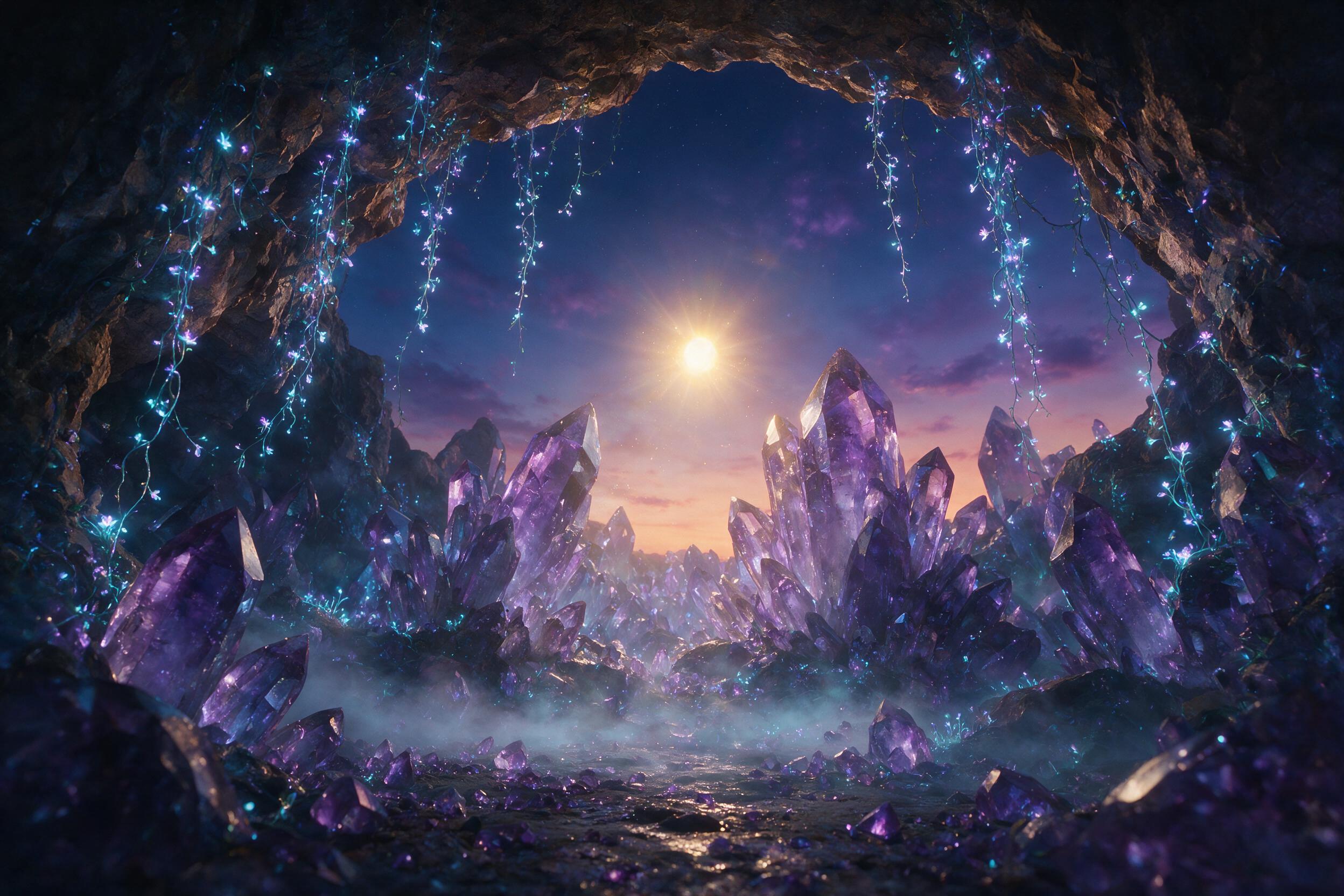 A luminous crystal cave beneath a twilight sky, glowing bioluminescent vines draping over jagged amethyst formations, a single floating orb of golden light casting soft shadows, mist swirling at ankle height, subtle camera flare, wide-angle perspective