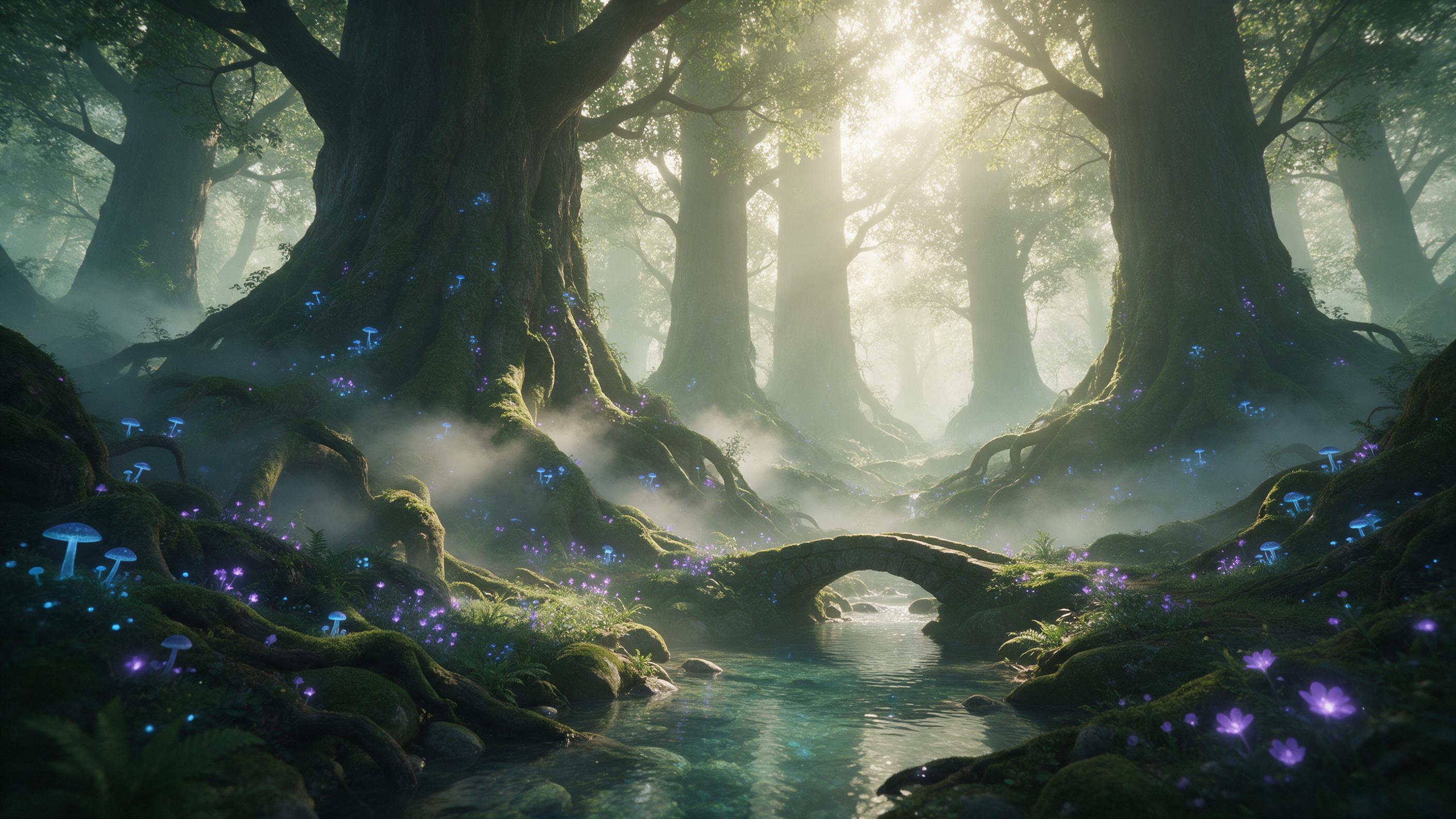 A misty enchanted forest at dawn, colossal ancient trees with bioluminescent blue fungi and glowing purple flowers, a small stone bridge over a crystal-clear stream, soft fog rolling between mossy roots, warm golden sunlight piercing the canopy, gentle green and violet color palette, ethereal, dream