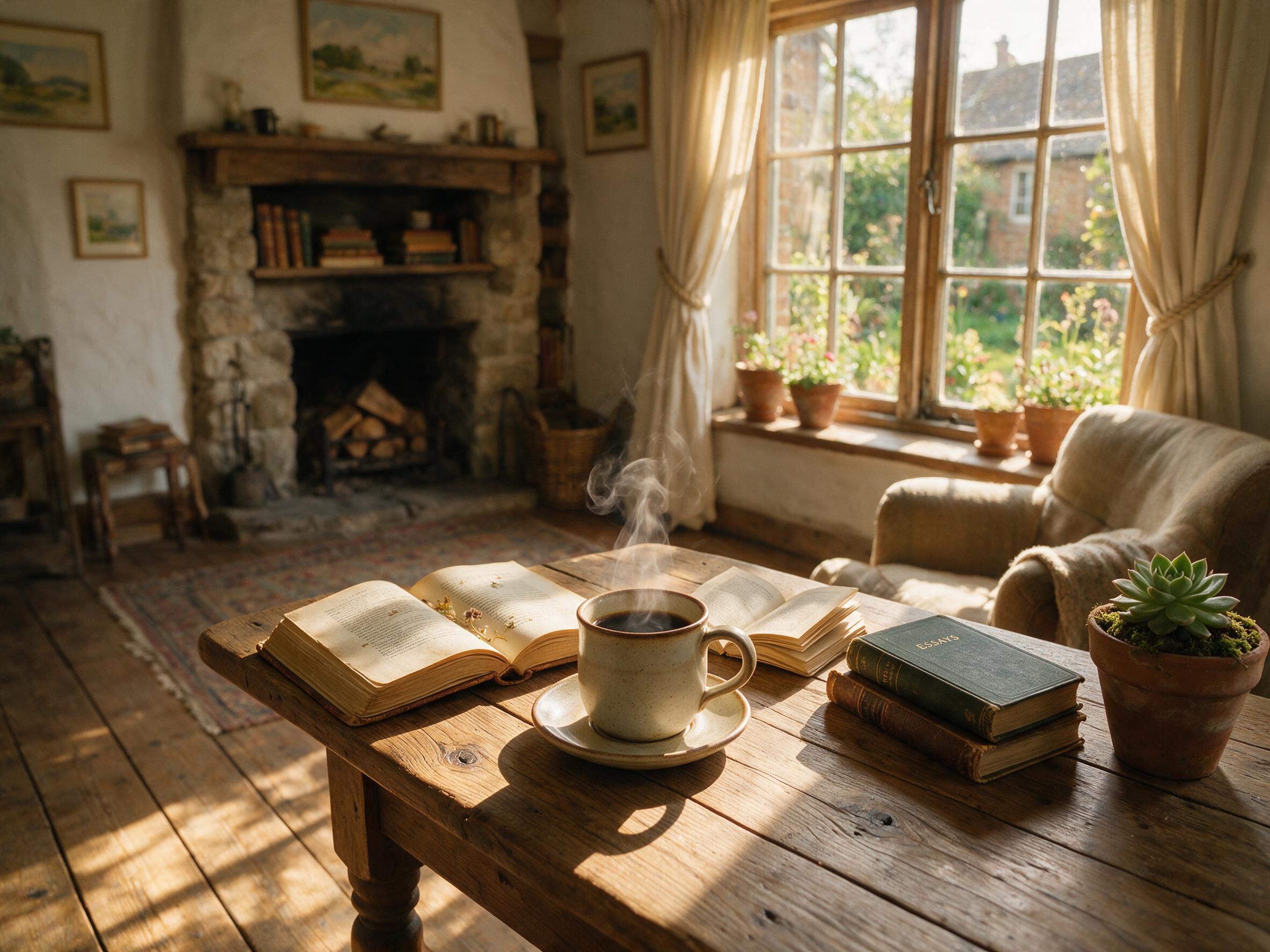 A cozy interior scene with warm afternoon sunlight streaming through a large window, casting soft shadows on a wooden floor. A steaming cup of coffee sits on a rustic table, surrounded by a few open books and a small succulent. Natural grain, slight camera shake, shallow depth of field.