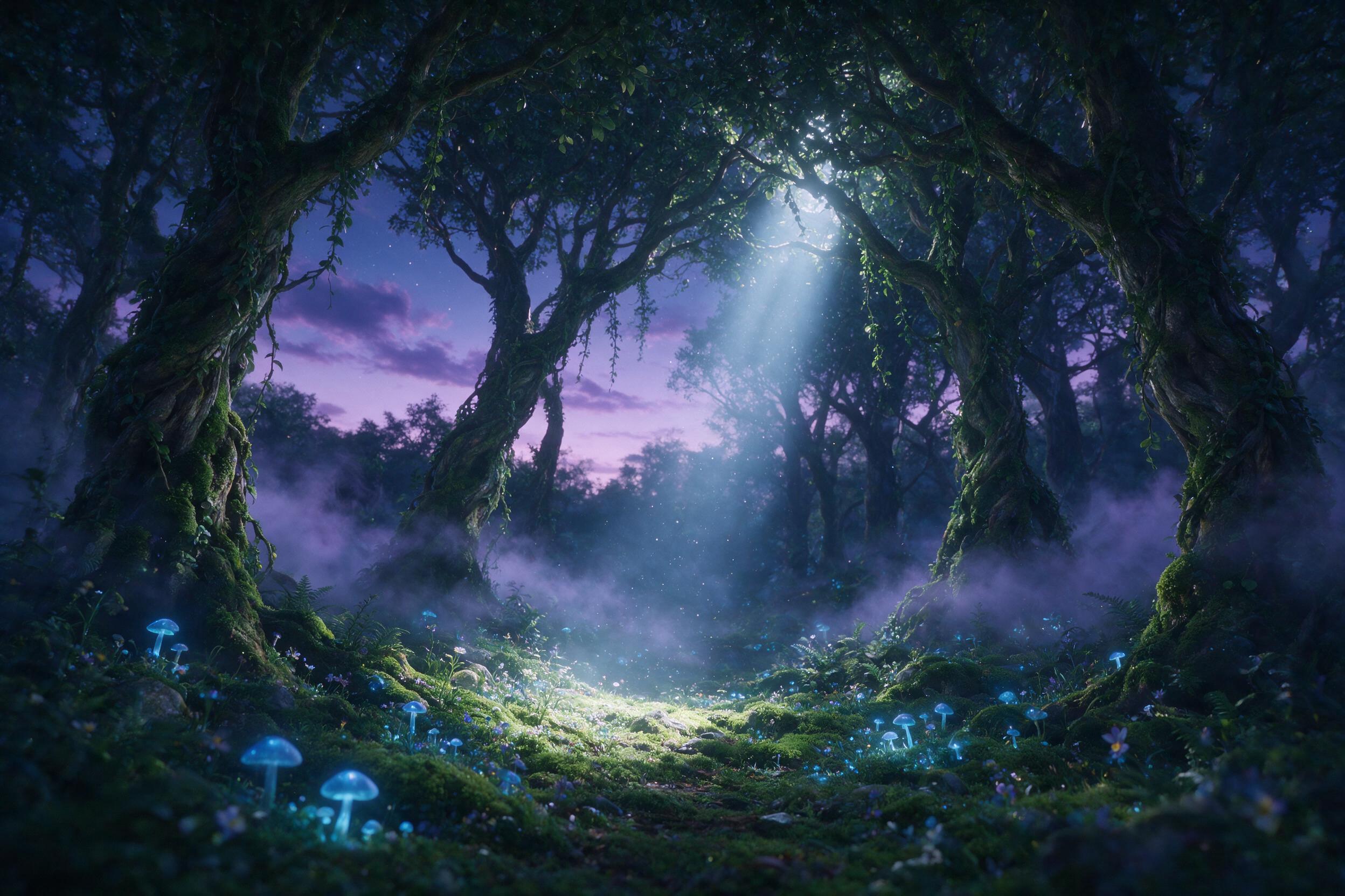 Enchanted forest at twilight, glowing blue mushrooms scattered on mossy ground, a single beam of moonlight piercing through ancient twisted trees, mist swirling softly, ethereal atmosphere, slight camera shake for dreamlike effect, muted greens and deep purples.