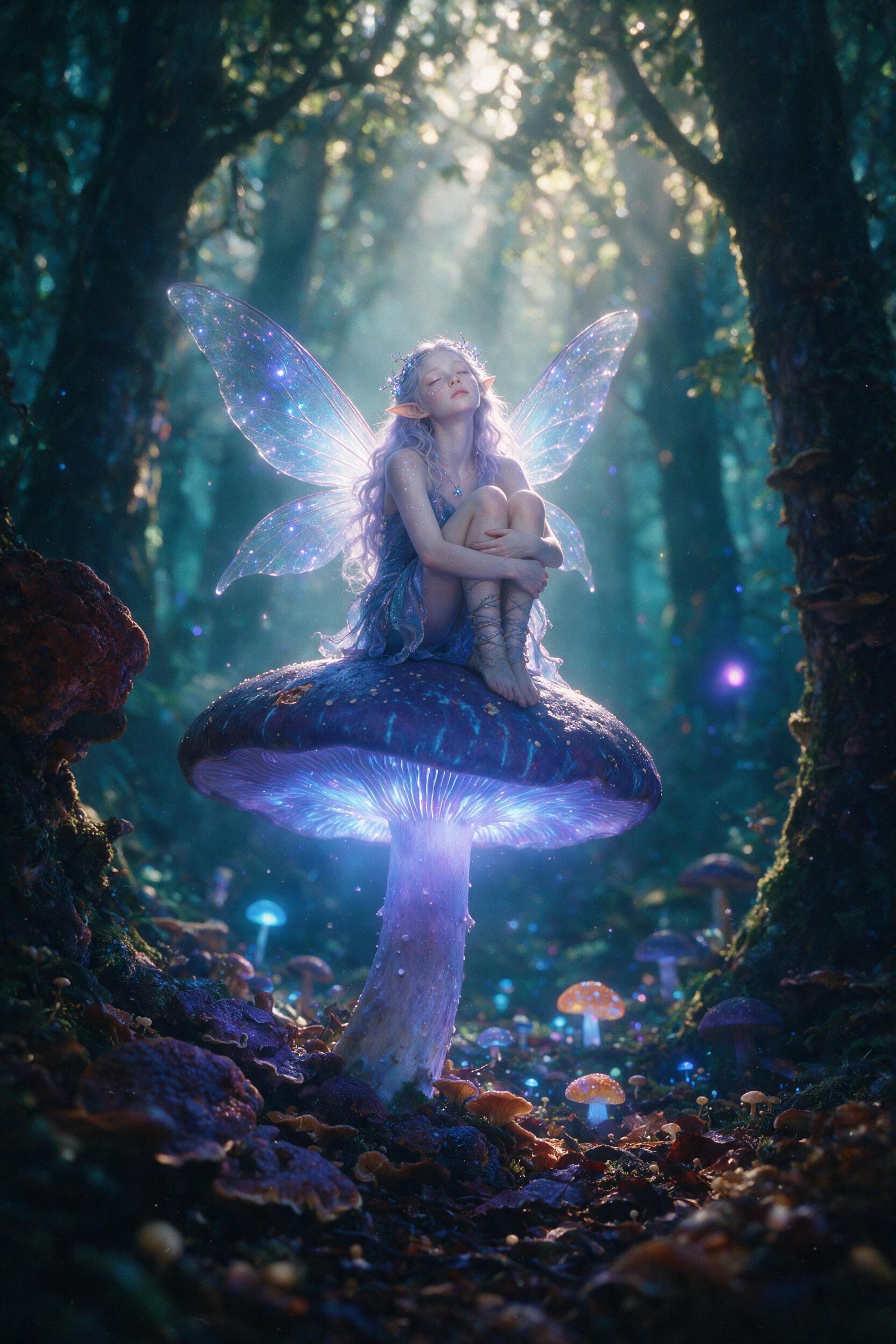 A luminous fairy perched on a glowing mushroom in an enchanted forest, soft bioluminescent blue and purple light, misty atmosphere, dappled sunlight through dense canopy, shallow depth of field, ethereal fantasy style, slight grain