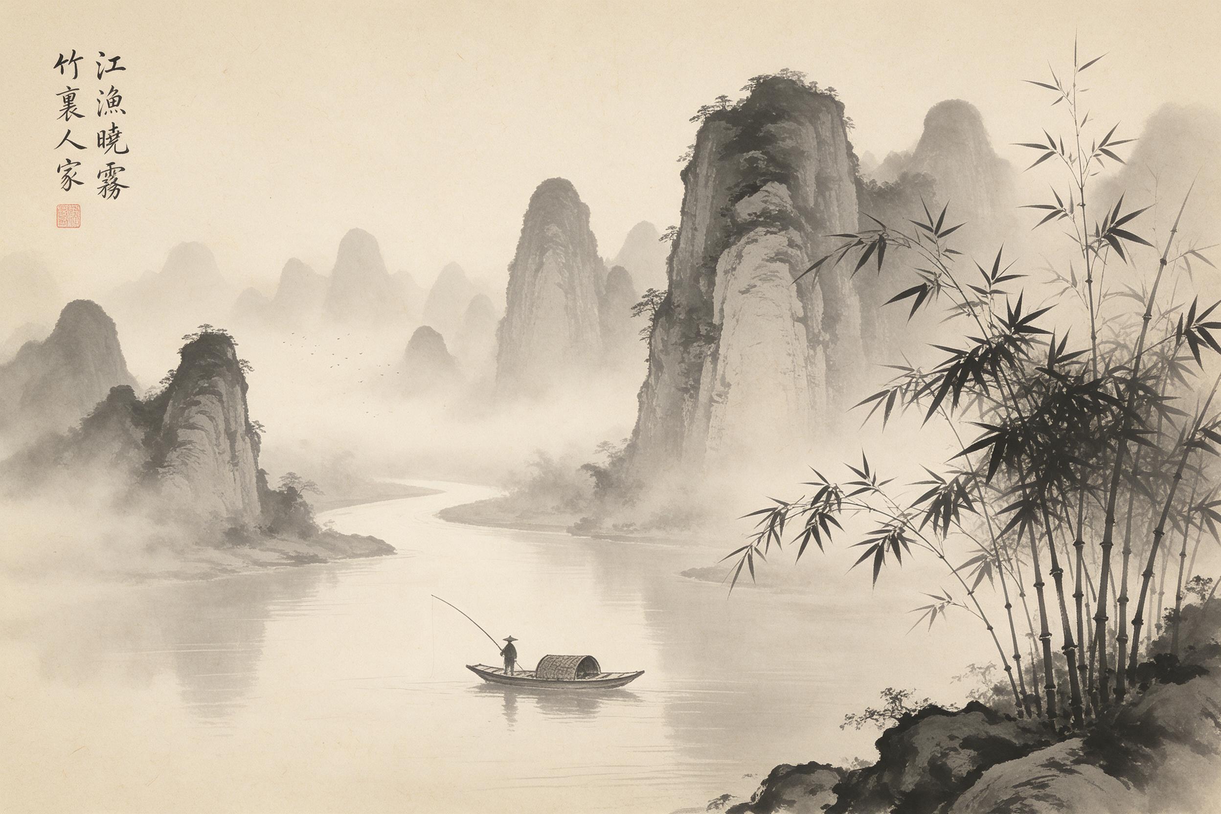Ink wash painting of misty karst peaks along a winding river, lone fisherman in a narrow boat, soft gray washes, negative space, bamboo grove on bank, morning fog diffusing light, parchment texture, horizontal scroll composition