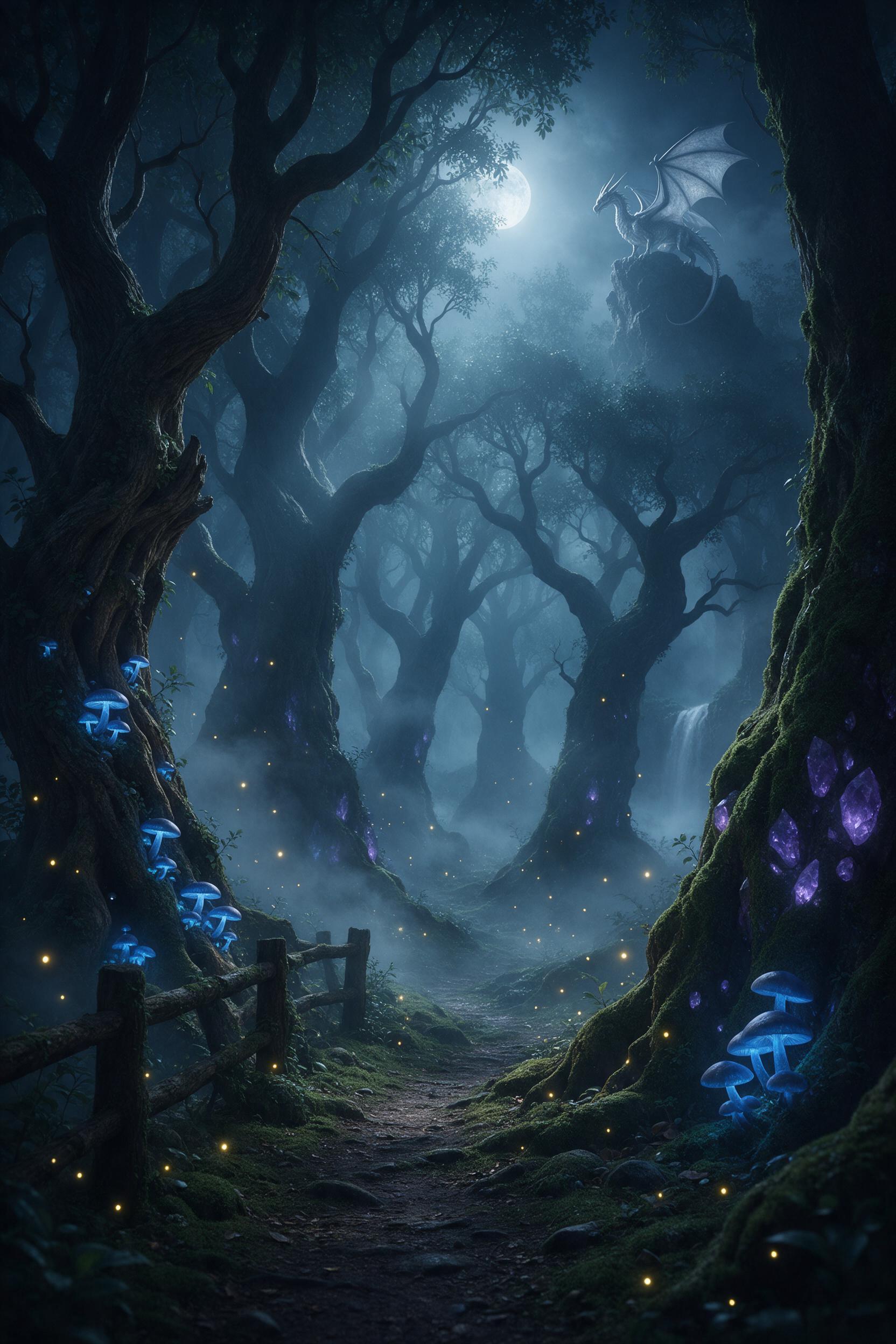 A moonlit ancient forest, towering twisted trees with luminous blue mushrooms lining a mossy path, fog curling between trunks, a faint silvery dragon perched high above, glowing purple crystals embedded in bark, cool moonlight with warm golden fireflies scattered, gentle mist, ethereal atmosphere, c
