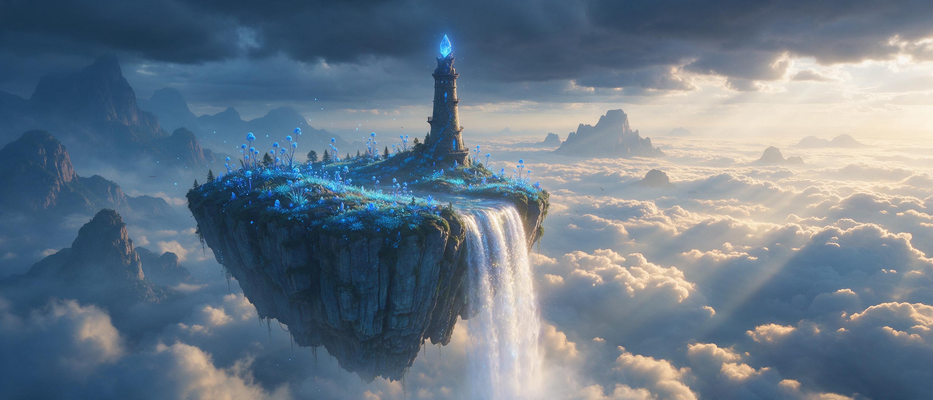 An ancient floating island above a sea of clouds, with a waterfall cascading off its edge into the void. The island is covered in glowing blue flora and a single stone tower with a glowing crystal at its peak. Soft morning mist, golden sunlight breaking through distant storm clouds. Composition: wid