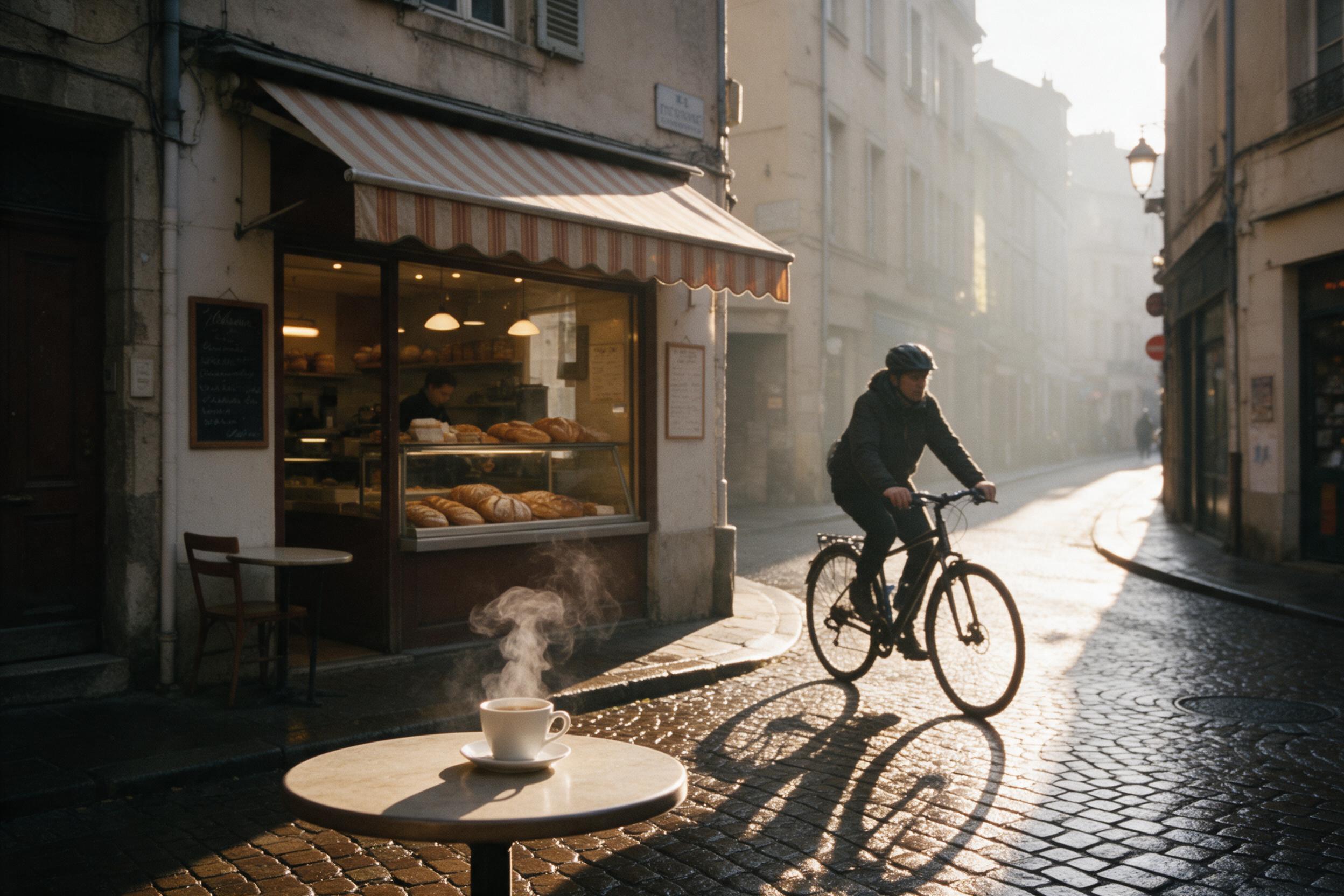 Morning street scene in a narrow old European city, warm golden sunlight casting long shadows on wet cobblestones, a small bakery with striped awning, a cyclist passing by, steam rising from a coffee cup on an outdoor table, soft haze in the background, natural candid moment, slight film grain, shal