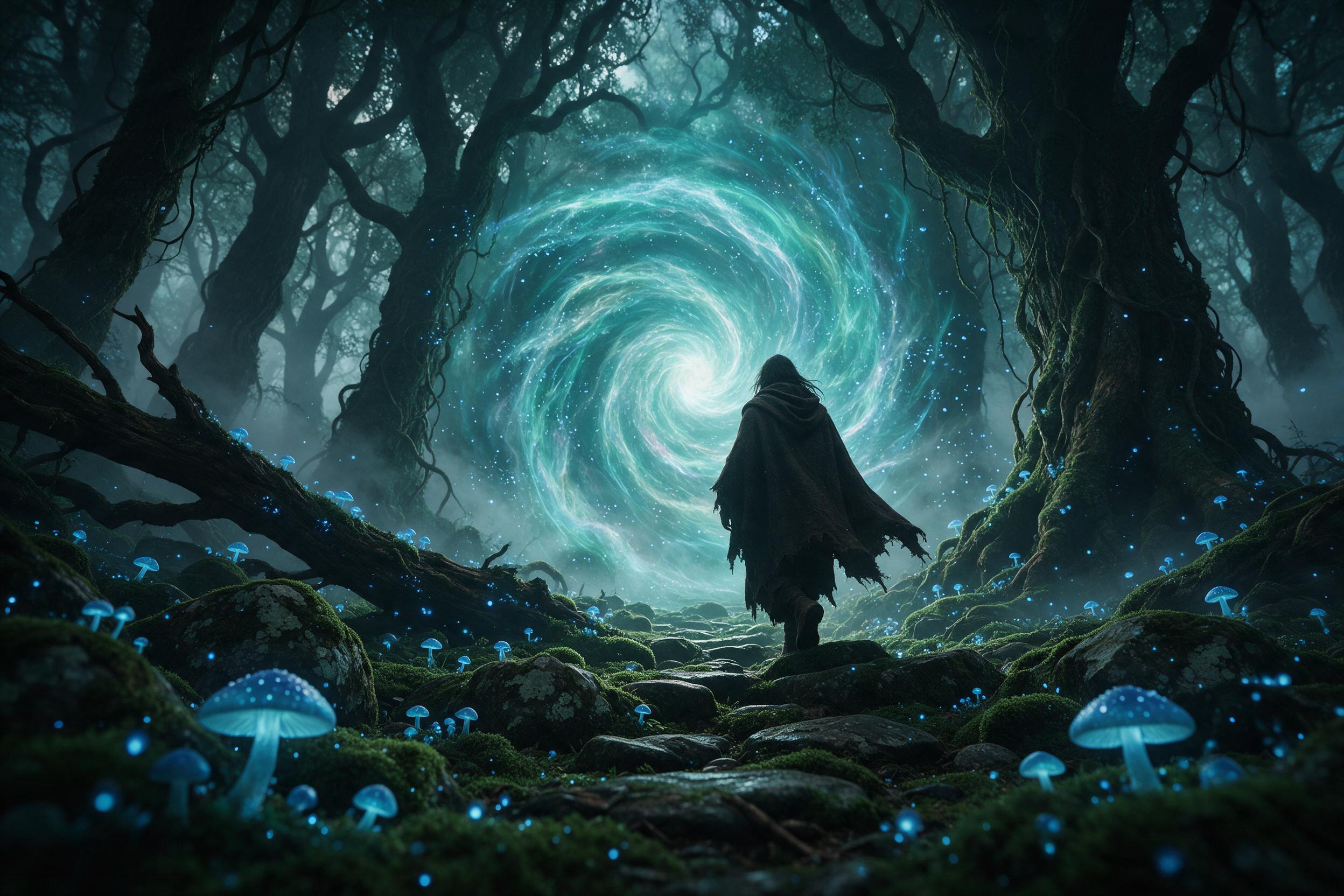 An ancient glowing forest where bioluminescent mushrooms and floating azure spores light the path. A lone traveler in a tattered cloak steps on mossy stones, their silhouette backlit by a shimmering portal of swirling teal energy. Mist weaves through tall, twisted trees. Low-angle composition, gentl