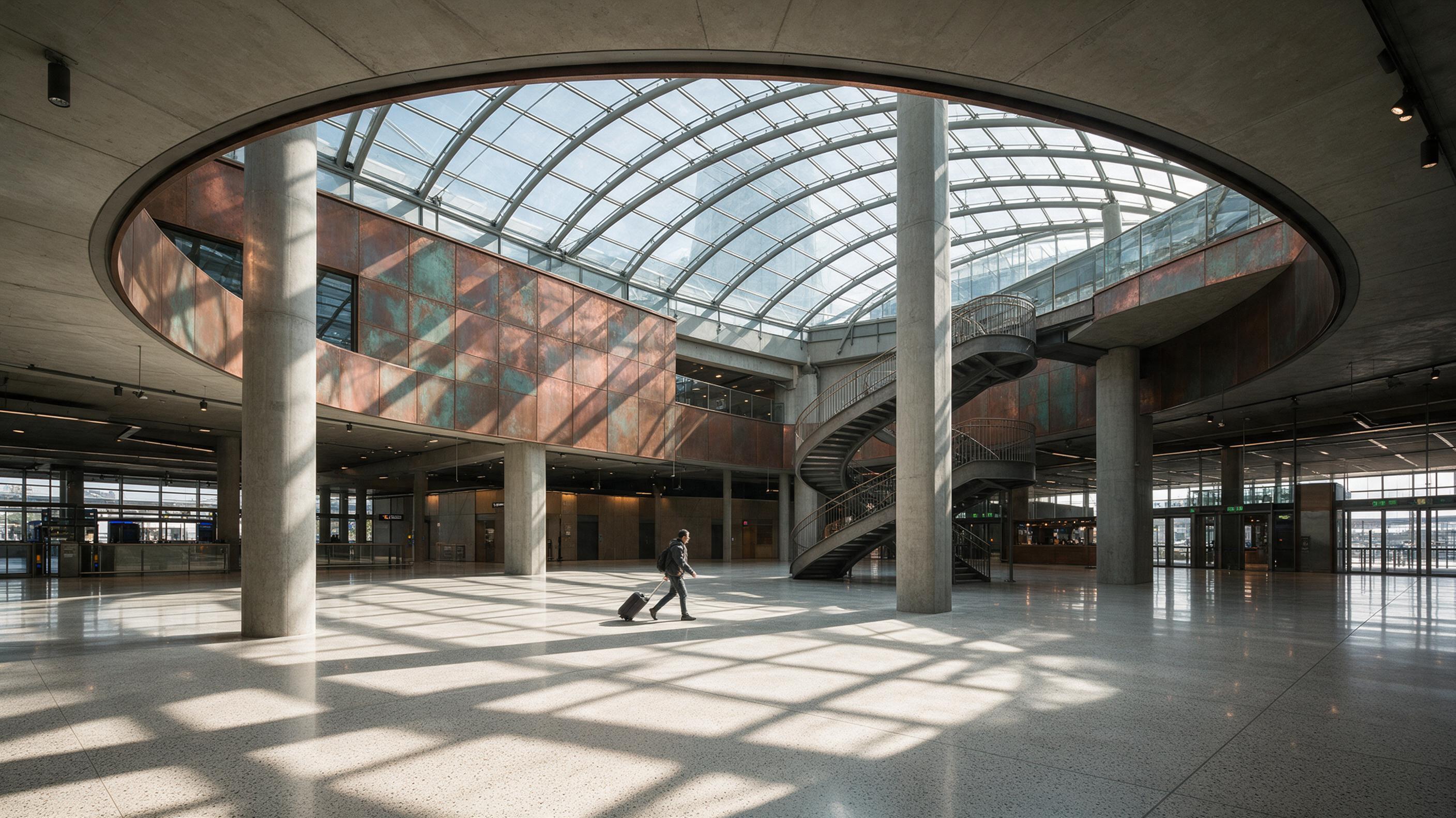 Sunlight filters through the curved glass canopy of a modern transport hub, casting geometric shadows on polished terrazzo floors. Weathered copper cladding contrasts with raw concrete pillars. A lone traveler with a rolling suitcase crosses the vast atrium, while an exposed steel staircase spirals 