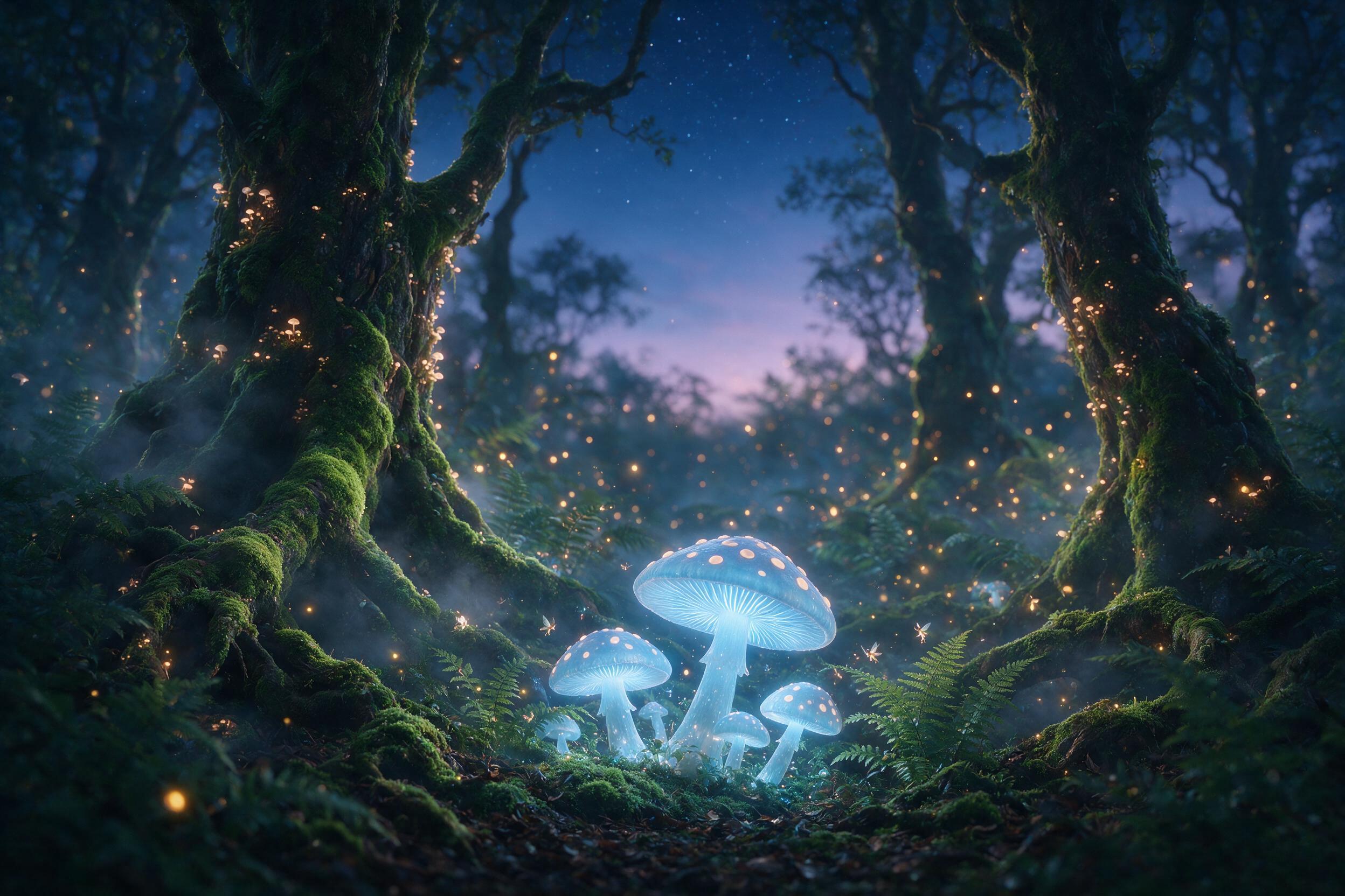 A luminous forest at twilight, giant glowing mushrooms casting soft blue light, tiny winged fairies dancing among ferns, mist weaving through ancient trees, ethereal atmosphere, shallow depth of field, warm amber fireflies in background