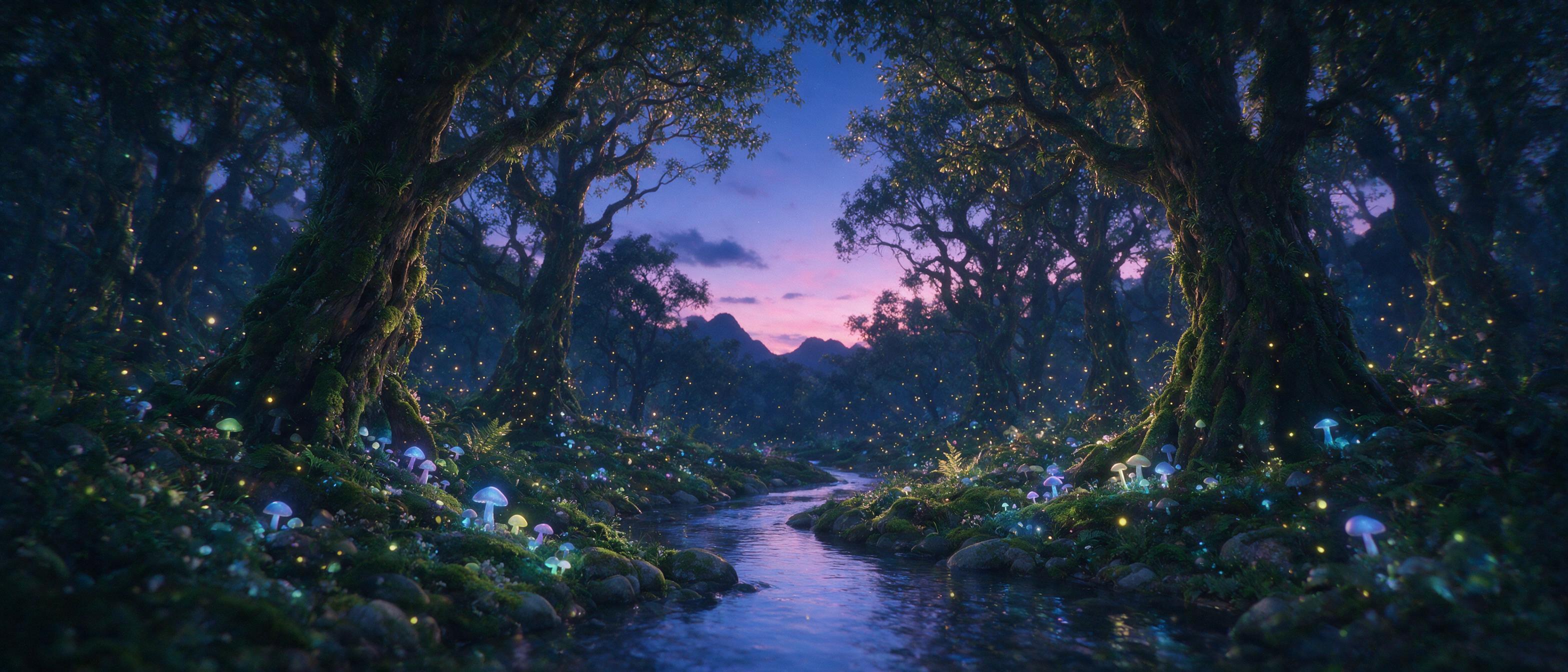 A mystical forest bathed in twilight, with glowing bioluminescent mushrooms and ancient trees draped in moss. A gentle stream reflects the soft blue and purple hues of the sky. Fireflies dance in the air, creating a dreamlike atmosphere. Natural lighting, soft focus, slight camera shake for a magica