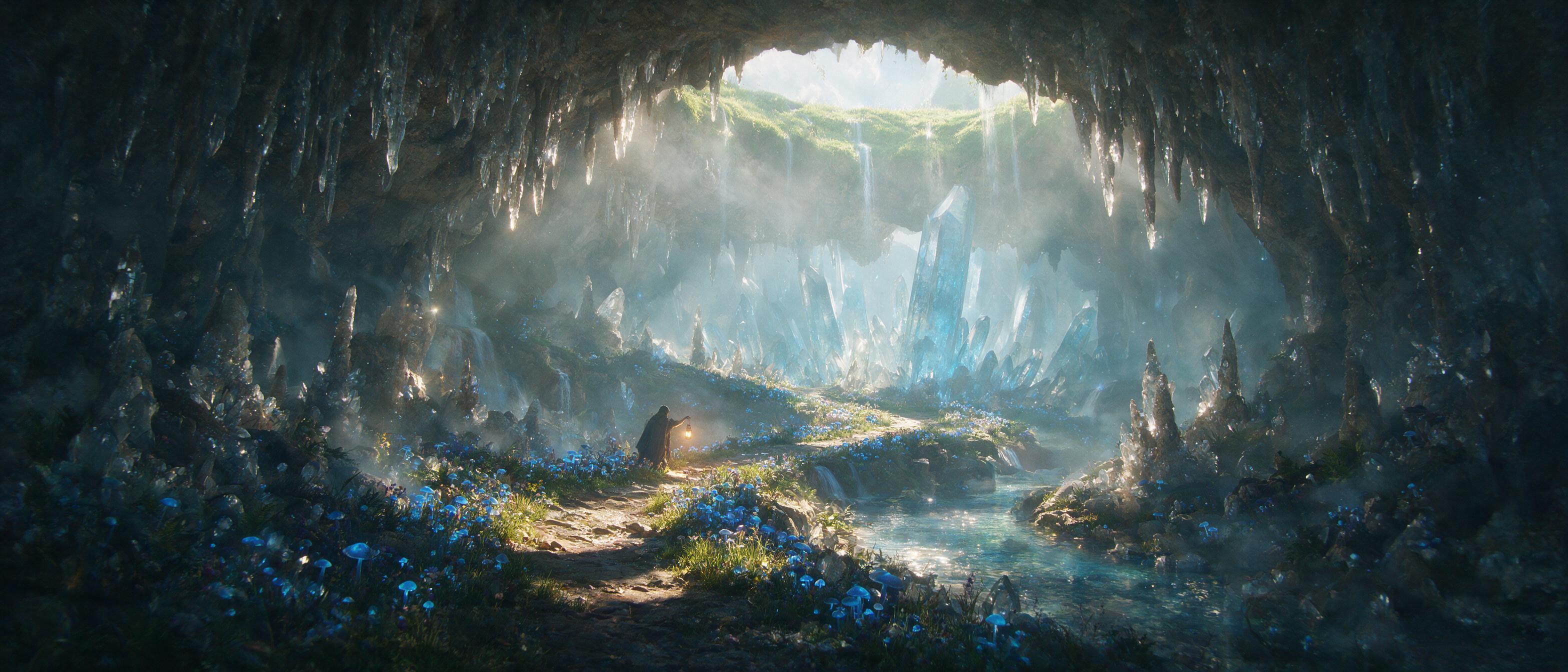 A sunlit crystal cavern beneath a floating island, glowing blue mushrooms line a winding path, a cloaked figure with a lantern stands at the edge, soft mist, warm golden light rays piercing through, ethereal atmosphere, cinematic wide shot