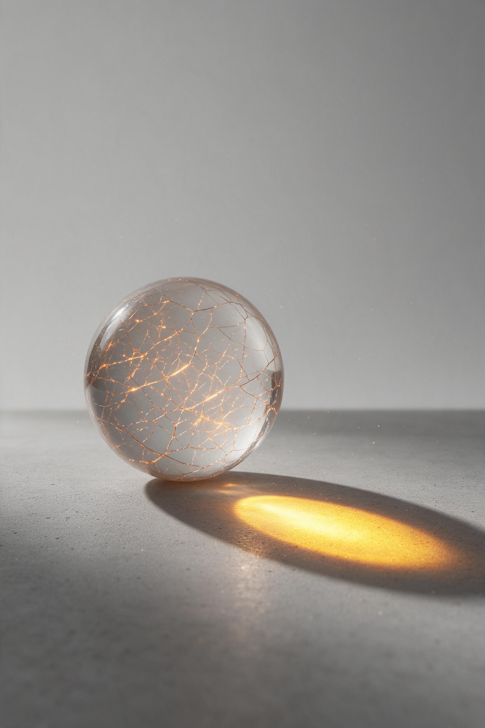 A minimal abstract composition: a single translucent glass sphere refracting soft golden light onto a matte concrete surface, casting a sharp elliptic shadow; the sphere's interior reveals fine cracks aglow with warm orange; background fades into uniform gray, subtle dust particles floating in air, 