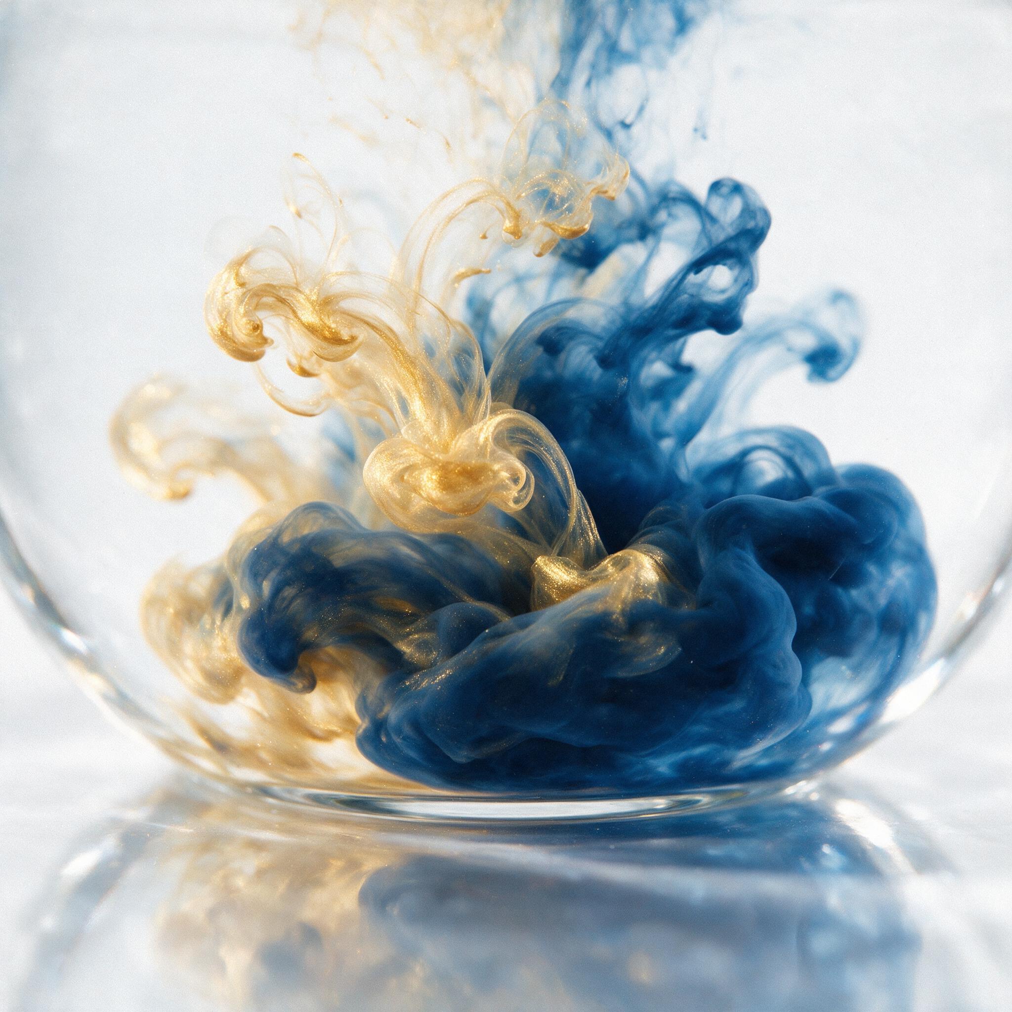 Fluid gold and deep blue ink swirling in clear water, organic shapes merging, soft studio lighting from above, subtle reflections on glossy surface, minimalist composition with negative space, slight grain for texture