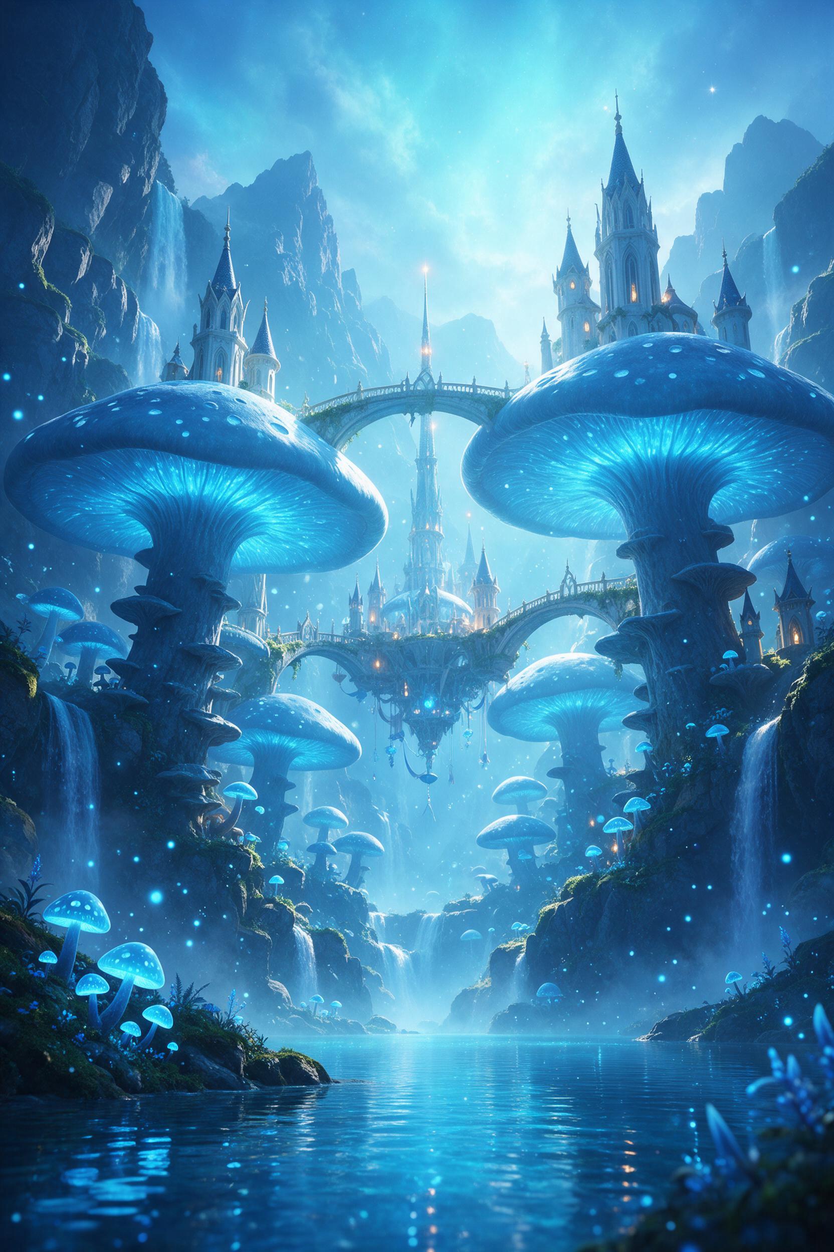 A floating city among glowing blue mushrooms, nestled in a misty valley with waterfalls cascading into crystal pools. Bioluminescent spores drift in the air, illuminated by soft cyan light from above. Elven towers rise from giant caps, their windows warm amber. The scene is captured from a low angle