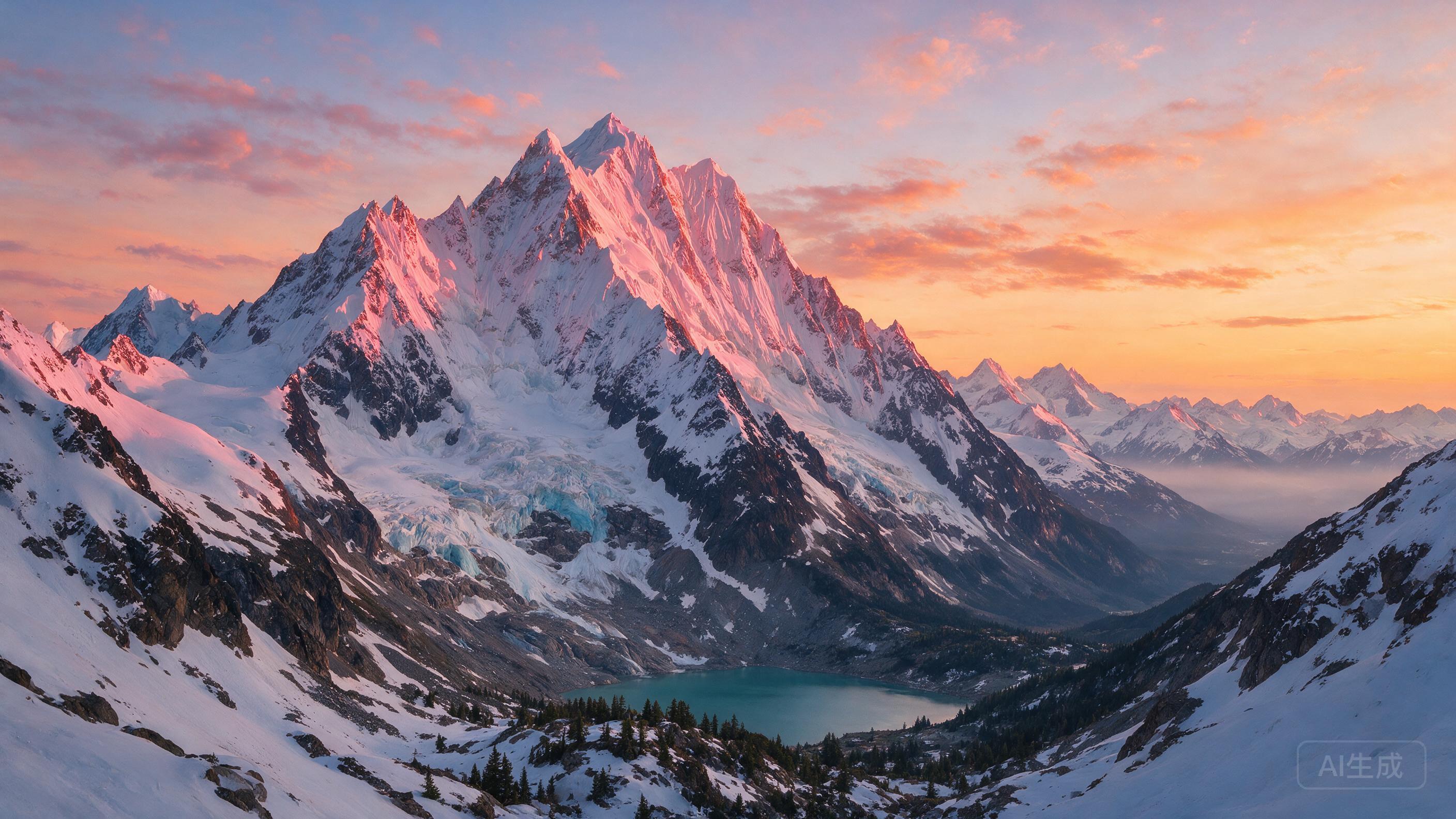 Snowy mountain peak at golden hour, alpenglow illuminating the summit, layers of distant peaks fading into haze