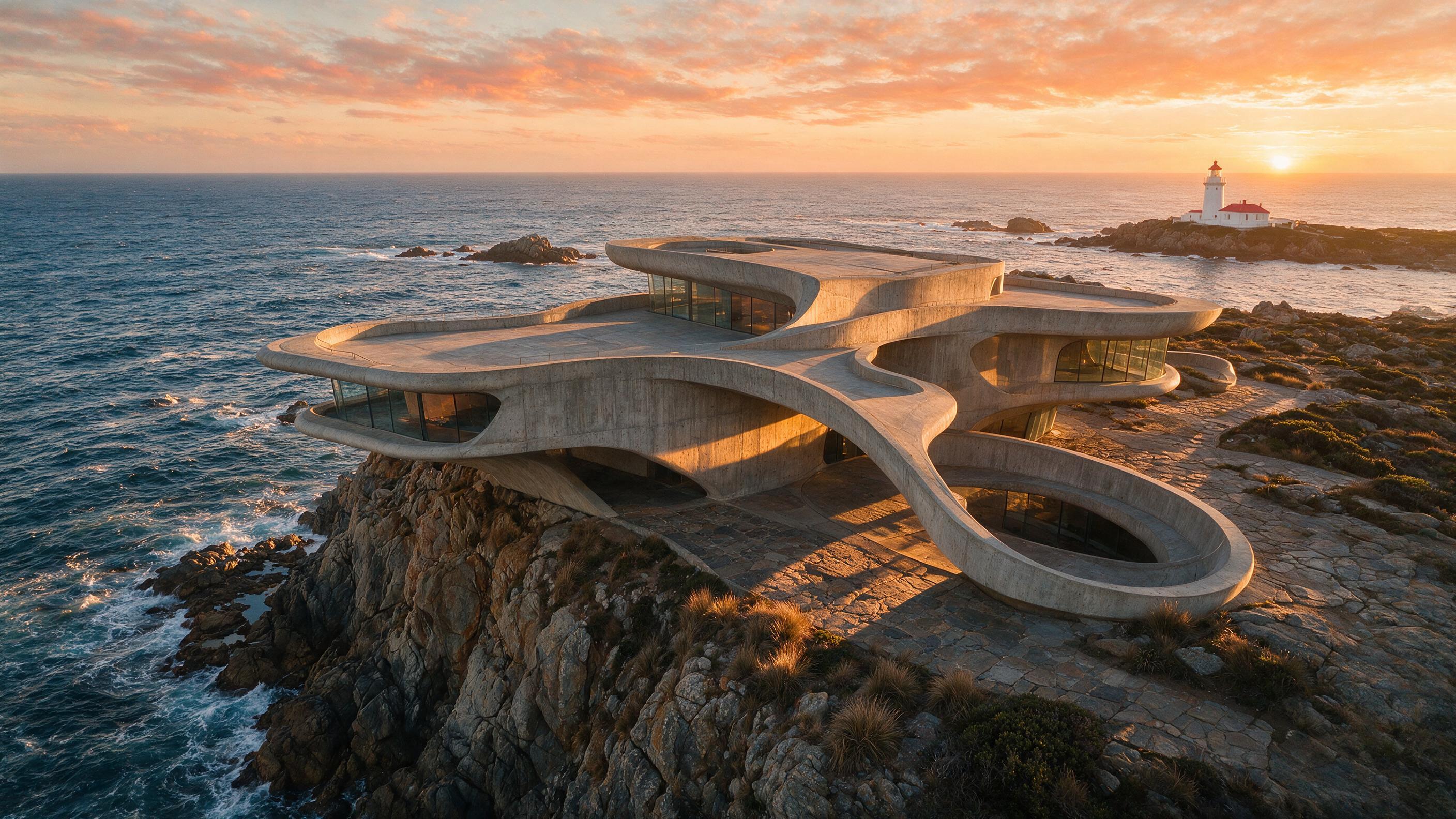 Aerial view of a sweeping, low-angle concrete museum with curved, cantilevered levels, perched on a rocky coastal cliff at golden hour. Long shadows stretch across weathered stone, warm sunlight rakes the textured facade, and a distant lighthouse punctuates the horizon. Wide-angle composition, sligh