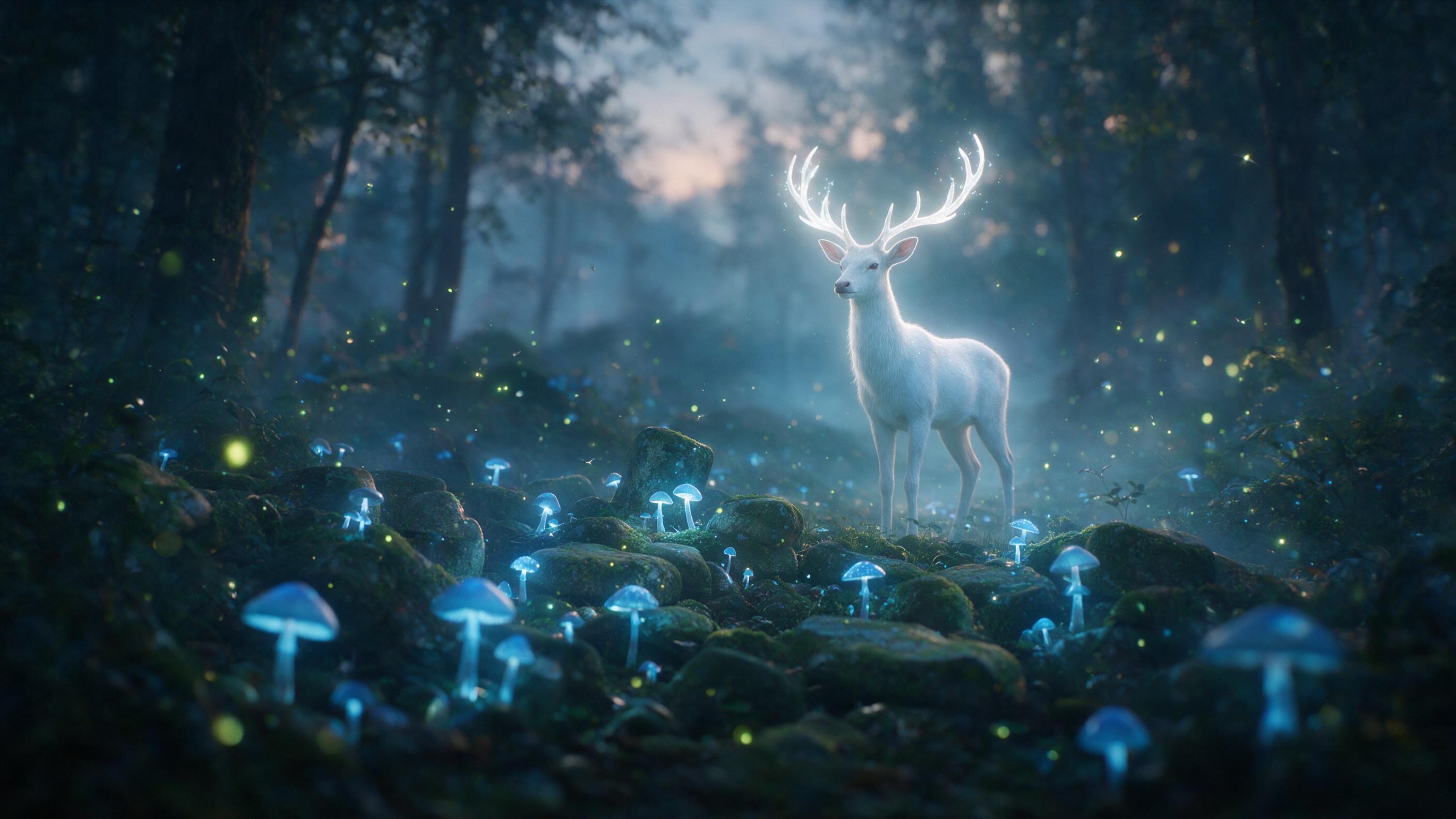 Misty enchanted forest at twilight, bioluminescent blue mushrooms casting soft light on ancient moss-covered stones, a single ethereal white deer with glowing antlers standing still, fireflies floating in the air, soft volumetric fog, cinematic composition, shallow depth of field, natural subtle col