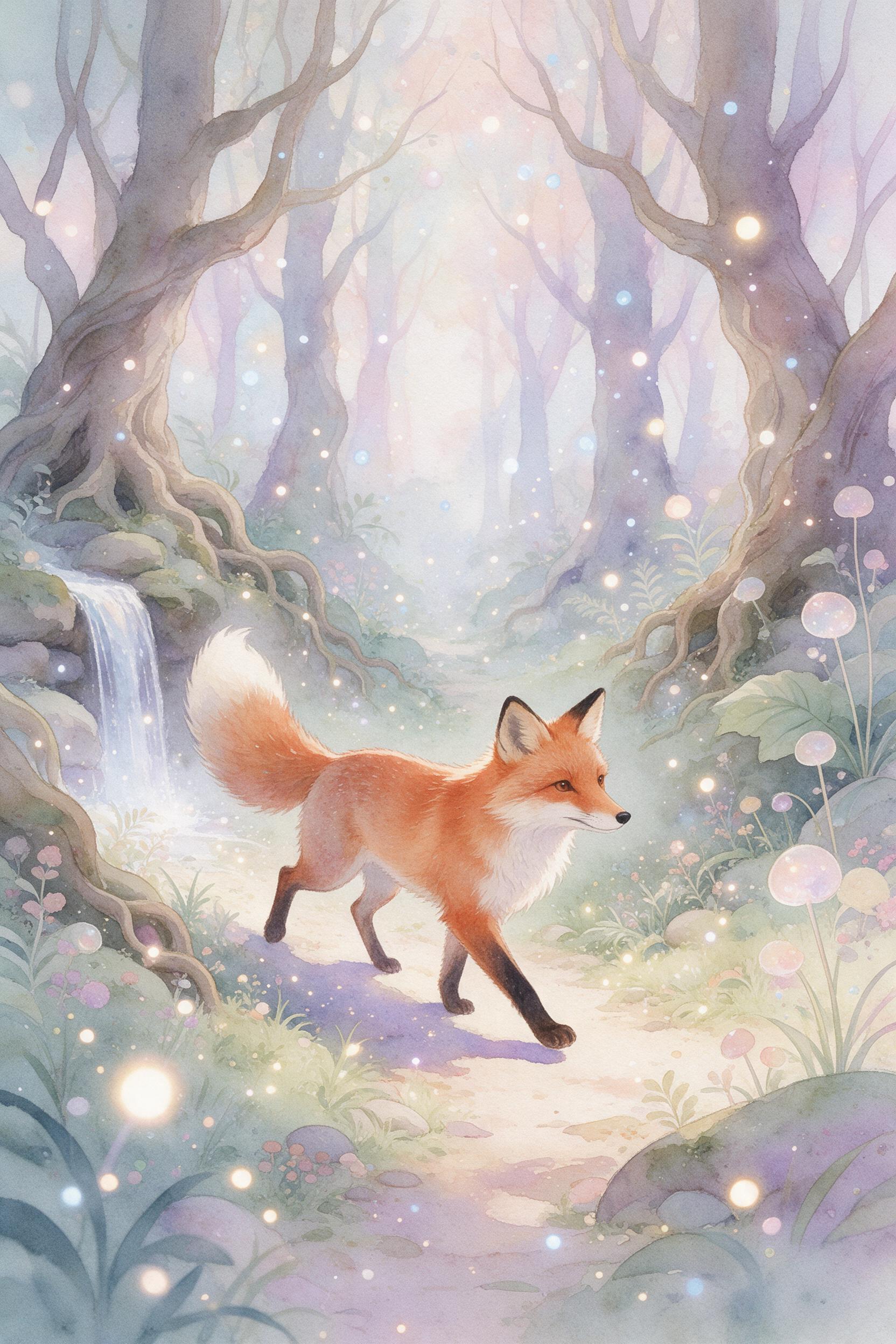 Watercolor style illustration of a fox walking through a enchanted forest, soft pastels, magical light particles