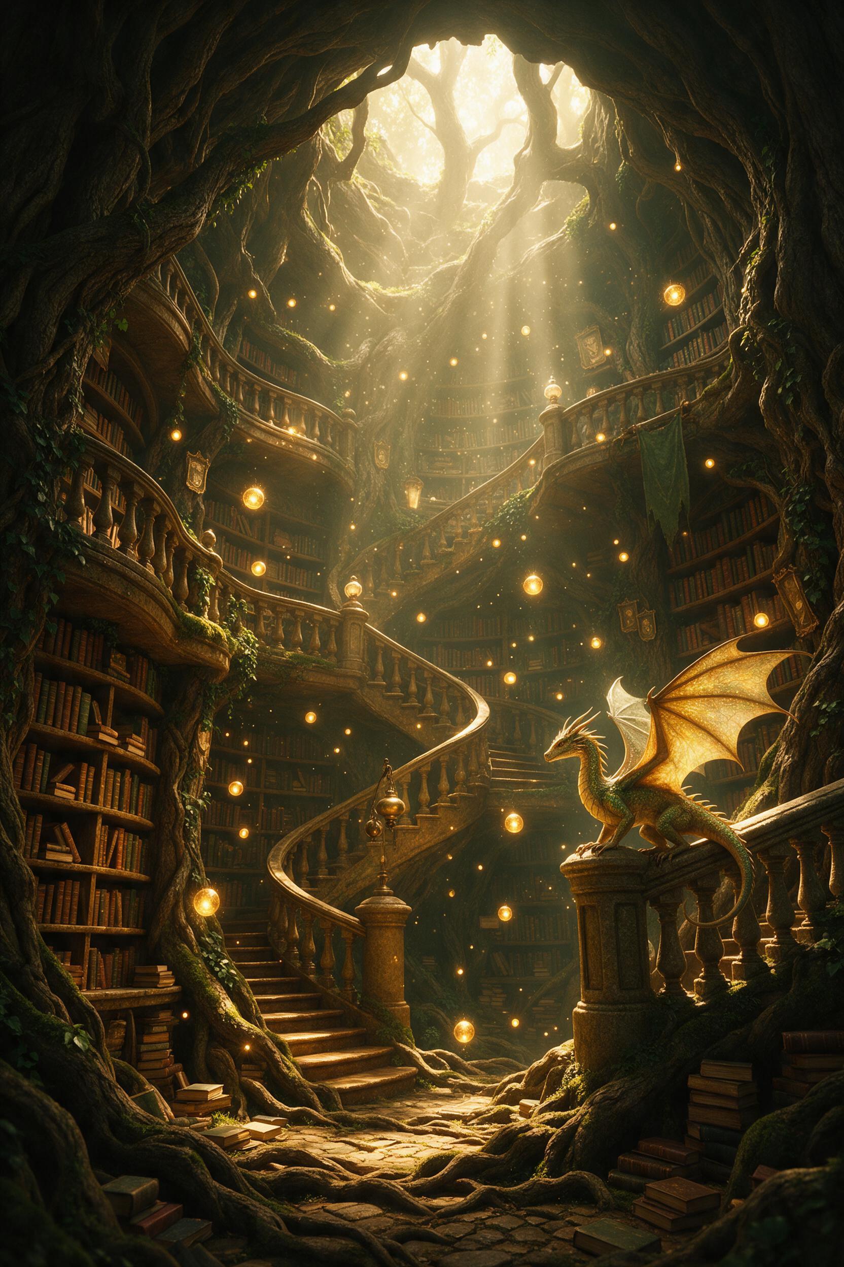 A sunlit ancient library within a colossal hollow tree, floating glowing orbs drift between spiral staircases, dust motes shimmer in golden light beams, mossy bookshelves curve along the bark, a small dragon perched on a carved railing unfurls its wings, warm amber and emerald palette, soft volumetr