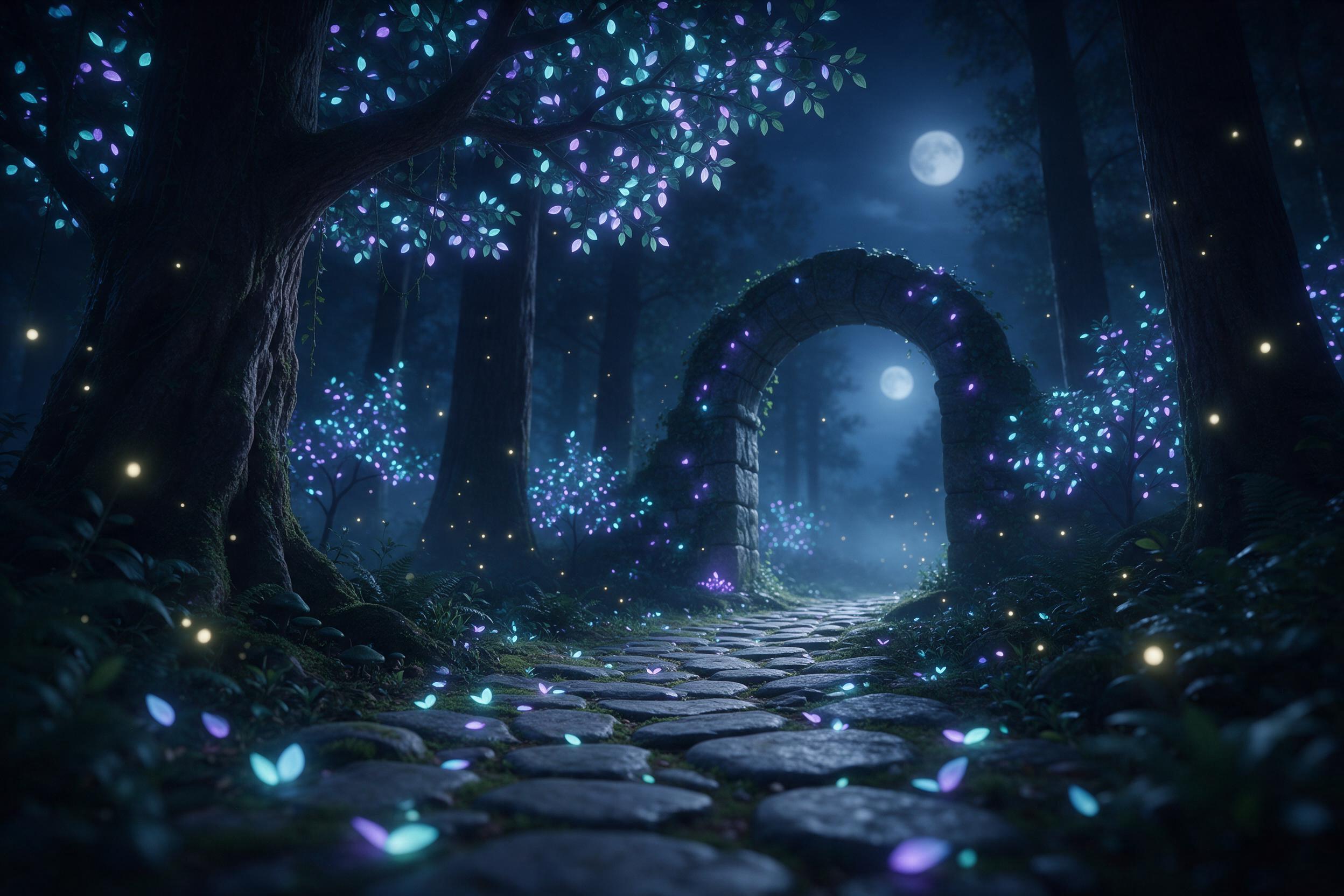 A moonlit enchanted forest with towering luminescent trees, their leaves glowing soft cyan and violet, a winding path of mossy stones leading to a hidden stone archway, fireflies drifting like living stars, distant mist rolling between trunks, cool magical atmosphere, cinematic depth of field, subtl