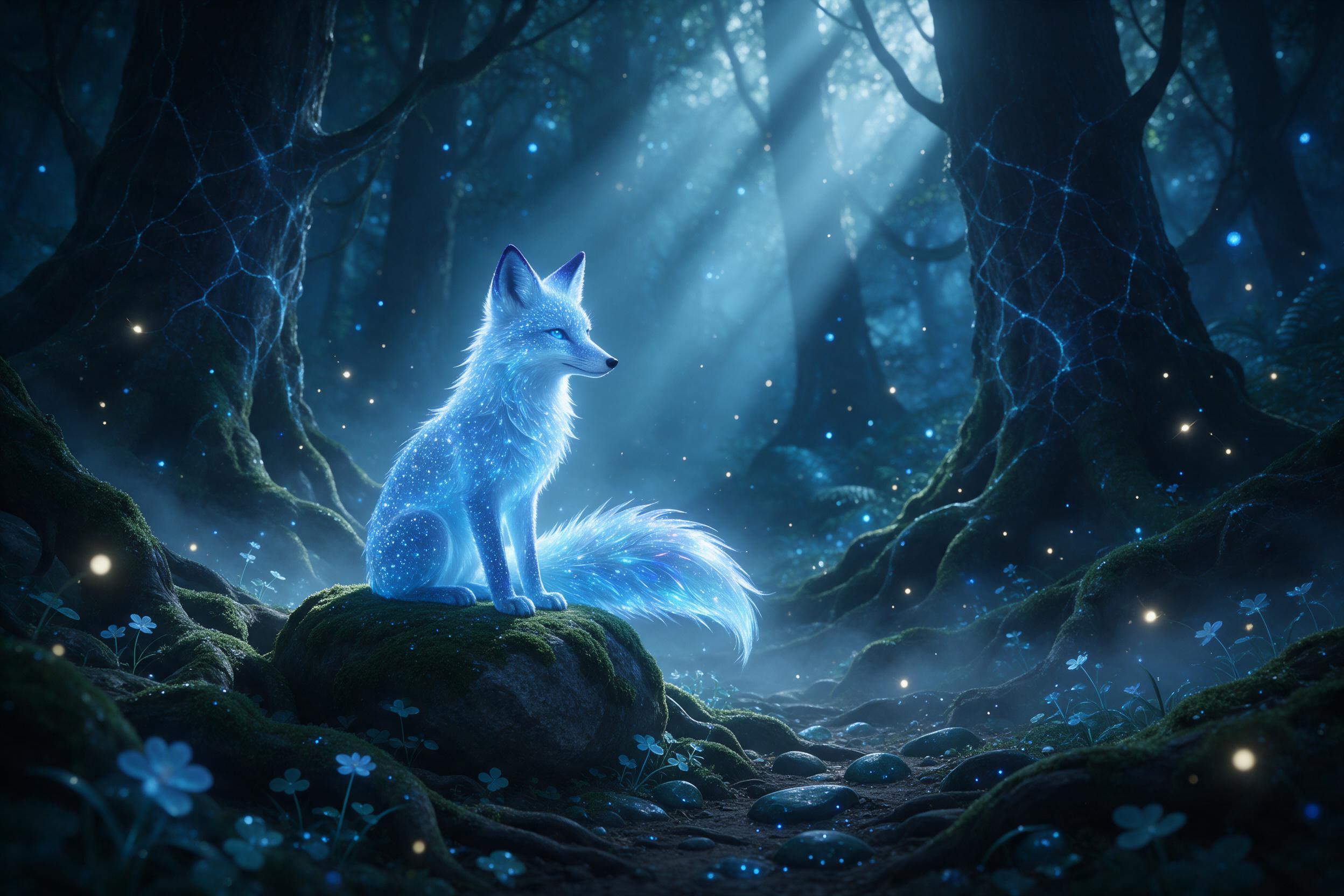 A glowing crystal fox sits on a mossy stone in an ancient bioluminescent forest, its fur sparkling with blue light, soft mist drifting between giant roots, fireflies swirling, ethereal atmosphere, wide-angle composition, natural light beams filtering through canopy.