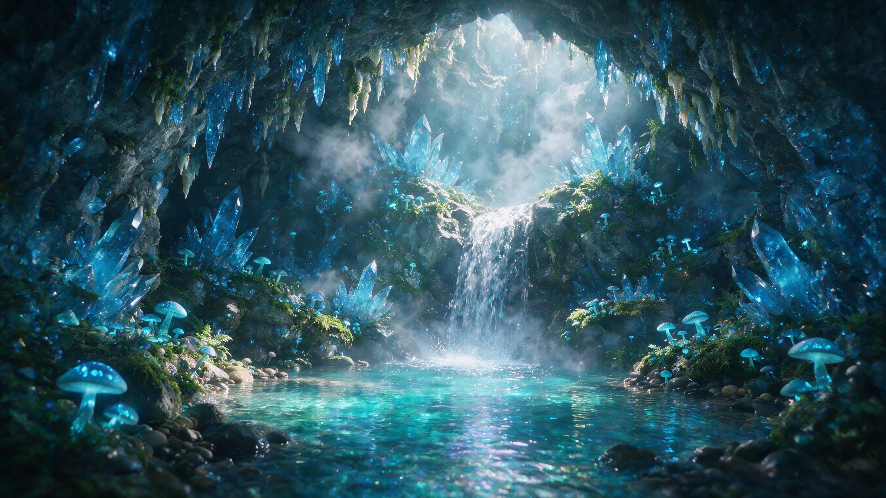 A luminous crystal cave with glowing blue mushrooms, a gentle waterfall cascading into a pool of shimmering water, soft mist rising, ethereal light rays piercing through the cave ceiling, moss-covered rocks, slight camera shake for a dreamy effect, natural lighting from bioluminescent sources.