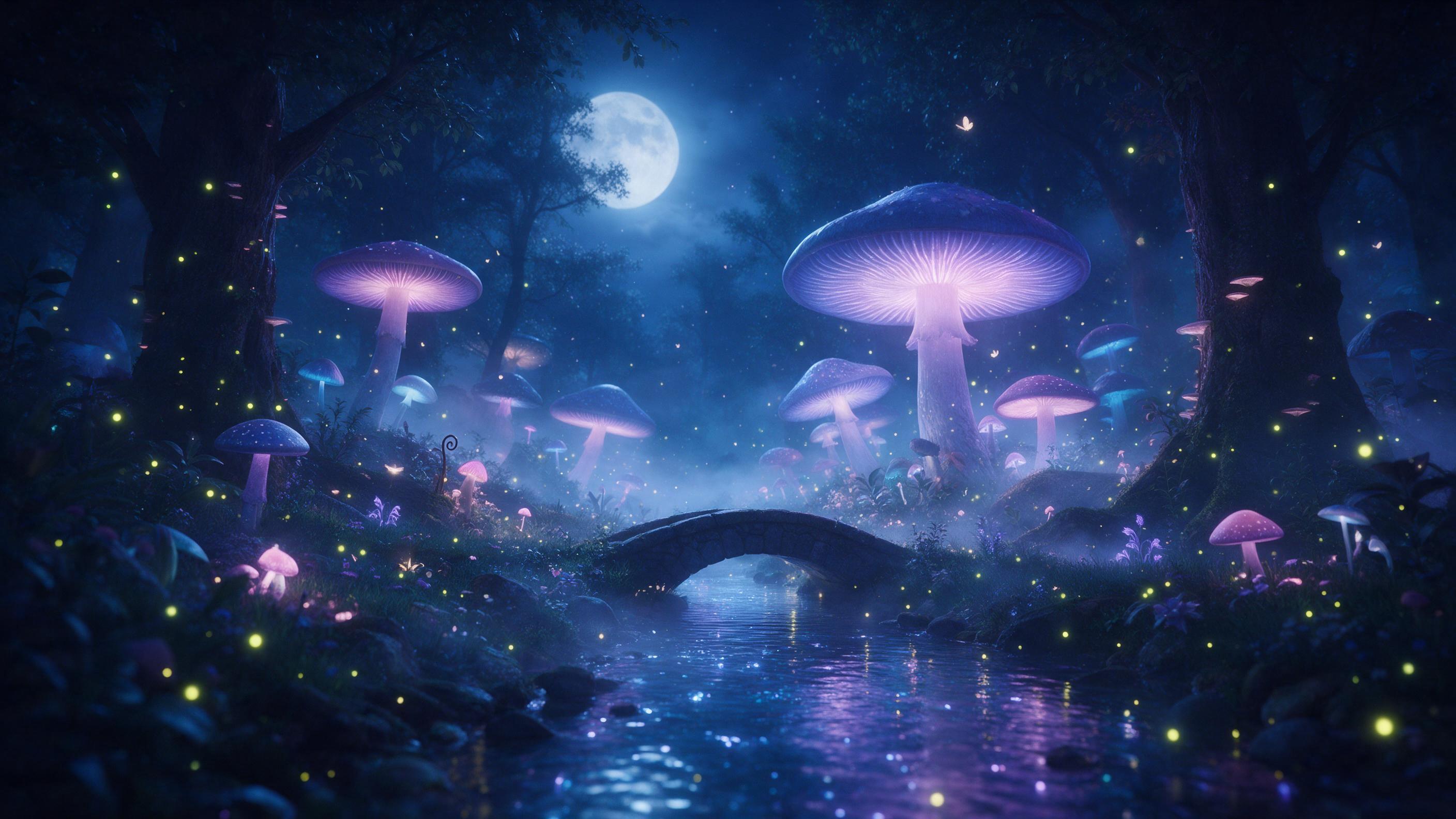 A moonlit enchanted forest with giant glowing mushrooms and fireflies, a small stone bridge over a shimmering stream, ethereal mist, deep blues and purples, soft magical light, misty atmosphere, gentle reflections on water, whimsical details, no people, no modern elements.