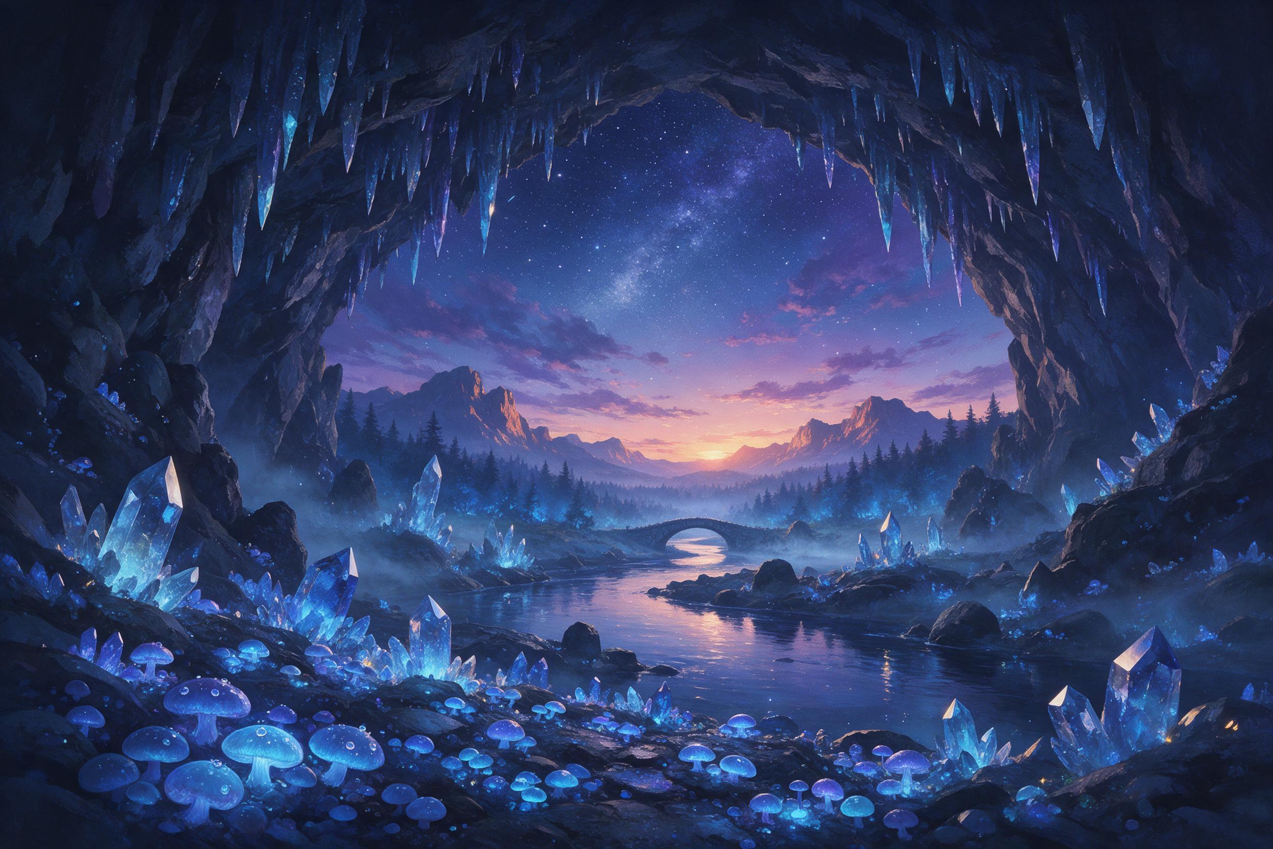 A glowing crystal cavern beneath a twilight sky, luminescent fungi casting soft blue light, a winding river reflecting the stars, ethereal mist, wide-angle composition, painterly style with rich details, no text or watermark.