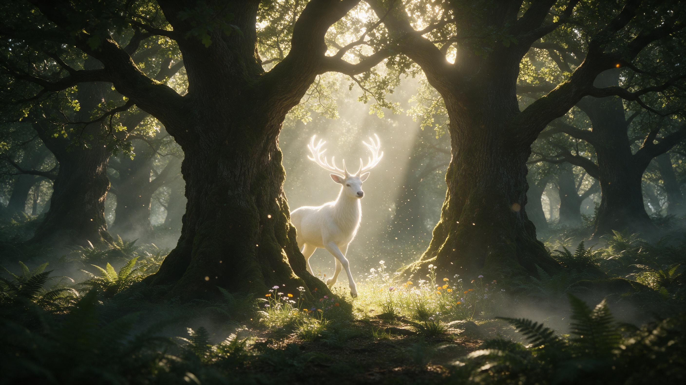 A sunlit ancient forest clearing, where a majestic white stag with antlers glowing softly steps from behind giant mossy oaks. Golden light rays pierce through the canopy, illuminating floating dust motes and wildflowers at its feet. Gentle mist lingers among ferns, adding an ethereal, dreamlike qual