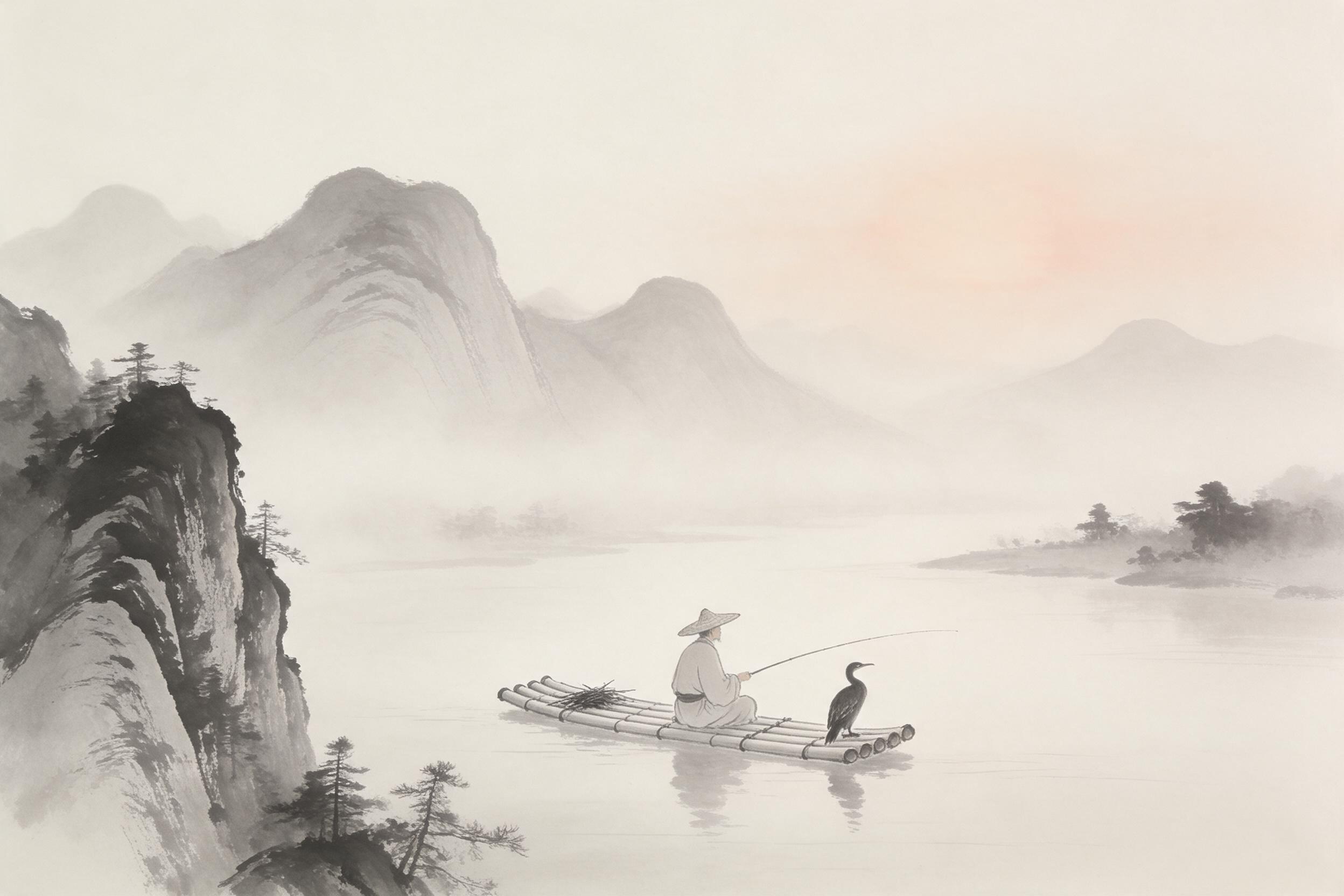 Ink wash painting of a lone fisherman on a misty river, surrounded by layered mountains fading into fog, with a single cormorant perched on his bamboo raft. Brushstroke textures, subtle water ripples, soft gray and white hues, faint peach sunrise bleeding through the haze, negative space dominating 