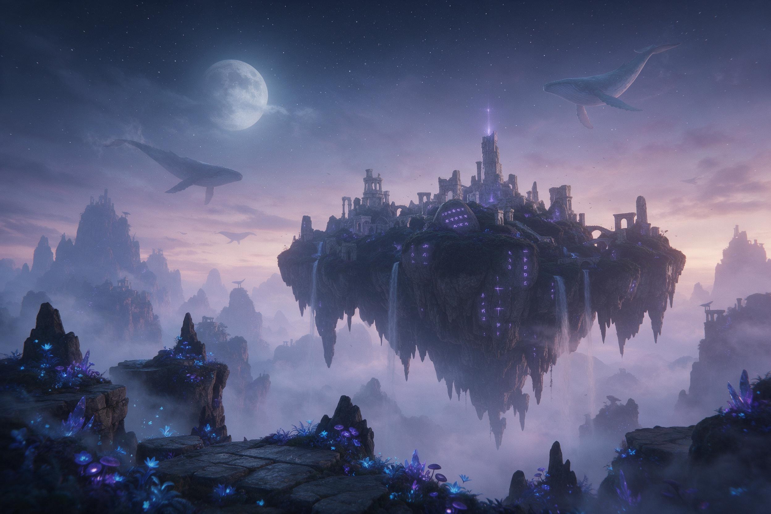 An ethereal floating island veiled in mist at twilight, ancient glowing runes carved into stone pillars, waterfalls cascading into a chasm below, soft blue and violet bioluminescent flora, distant silhouettes of flying whales, dim moonlit sky with scattered stars, gentle fog, cinematic wide-angle co