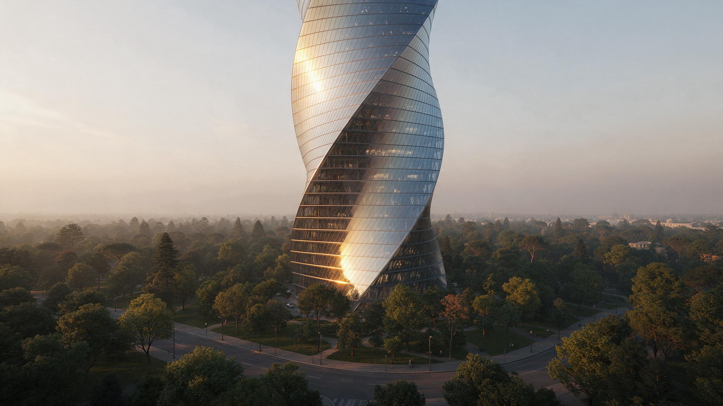 Aerial view of a spiral glass skyscraper catching warm sunset light, reflective panels creating golden streaks, surrounding dense city park with trees, slight haze, composition balanced with curving street below, natural lighting, no people