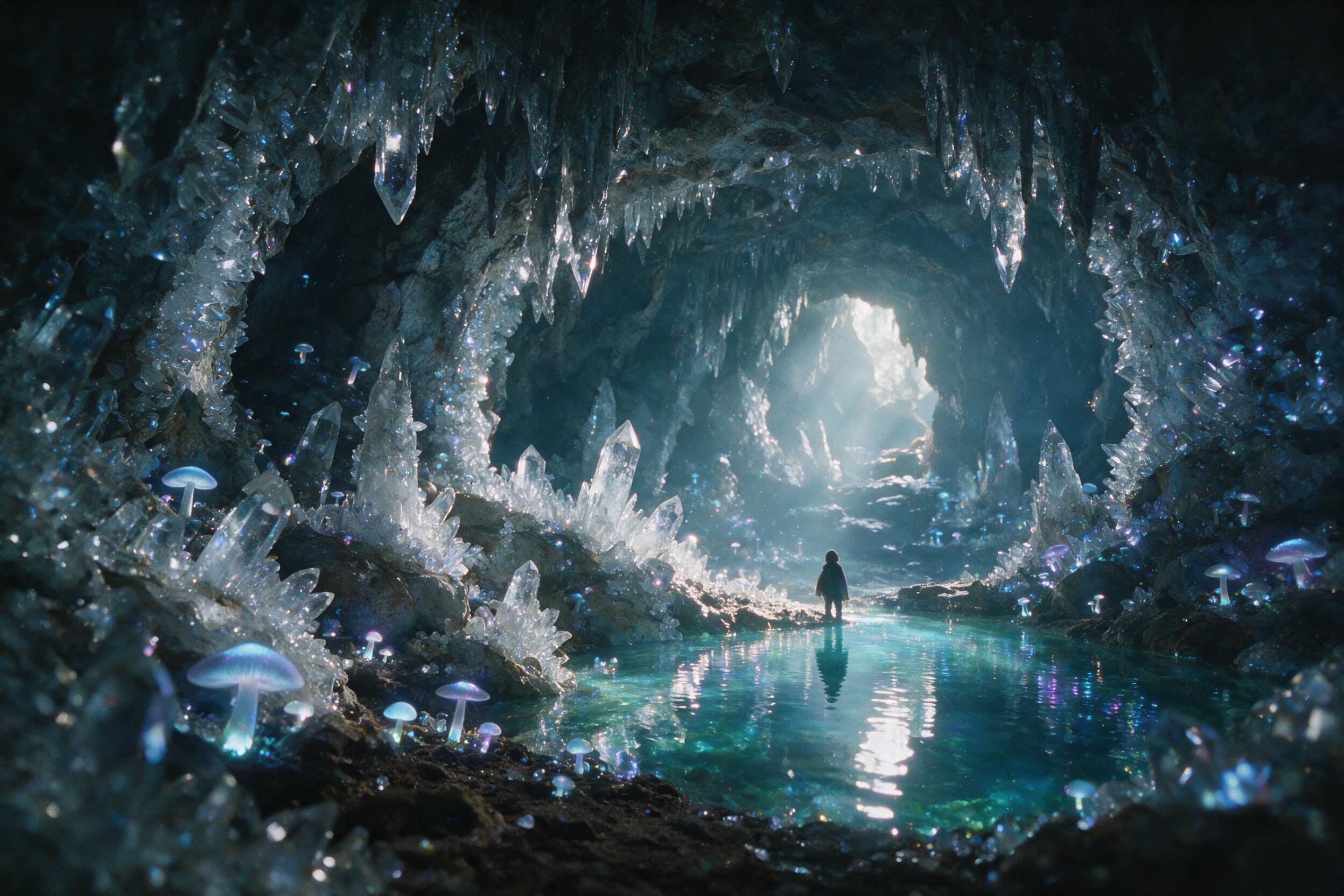 A luminous crystal cave deep underground, bioluminescent mushrooms casting soft blue and purple light onto jagged mineral formations, a small figure in a cloak standing at the edge of a glowing pool, natural light rays filtering through a distant opening, shallow depth of field, subtle grain, 35mm