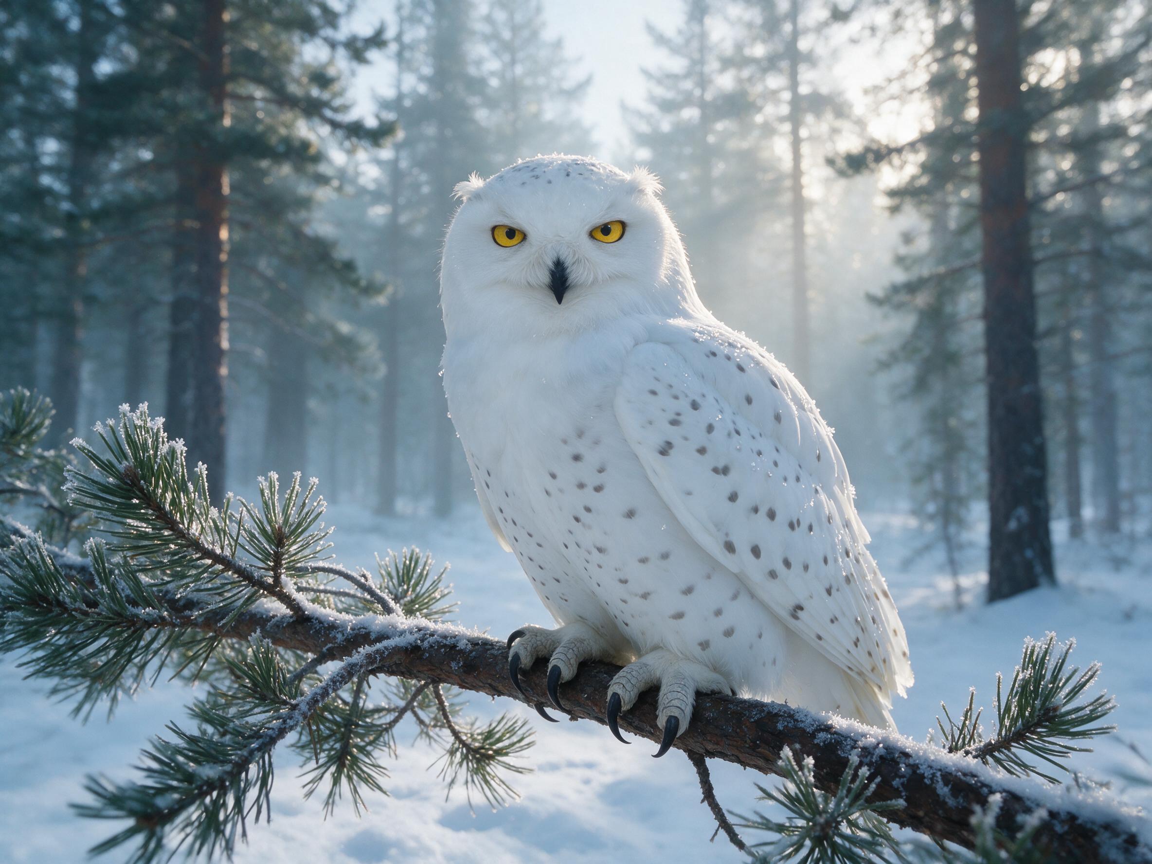 A close-up of a snowy owl perched on a frost-covered pine branch in a misty winter forest, soft morning light filtering through the trees, feathers textured with fine frost, slight blur in the background, natural color palette of whites and muted blues, shallow depth of field.