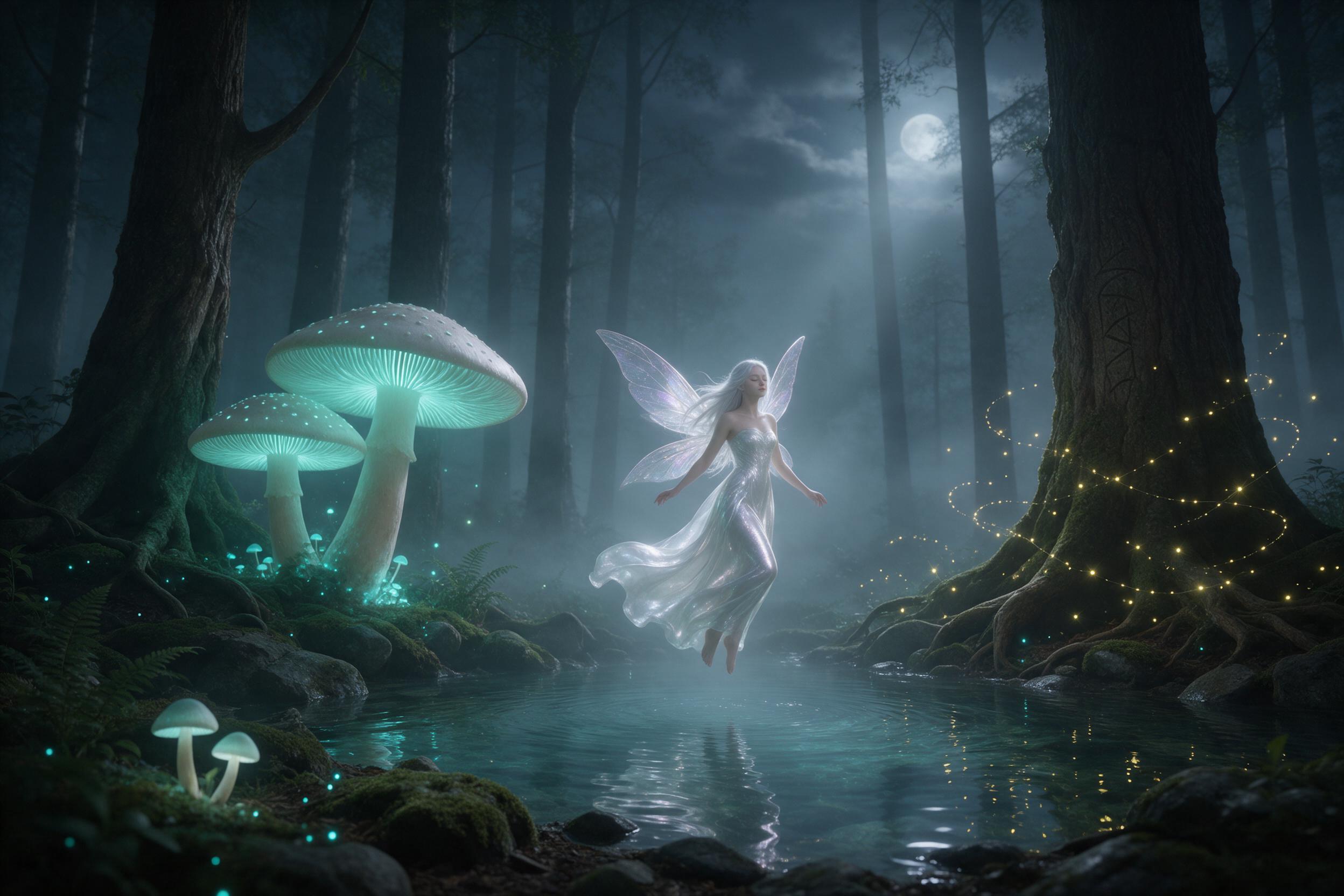 A misty ancient forest where giant glowing mushrooms cast soft teal light on moss-covered stones. A silver-haired fairy with translucent wings floats above a crystal-clear pool, her gown woven from moonbeams. Fireflies trace spirals around ancient tree roots. Ethereal atmosphere, volumetric light, s