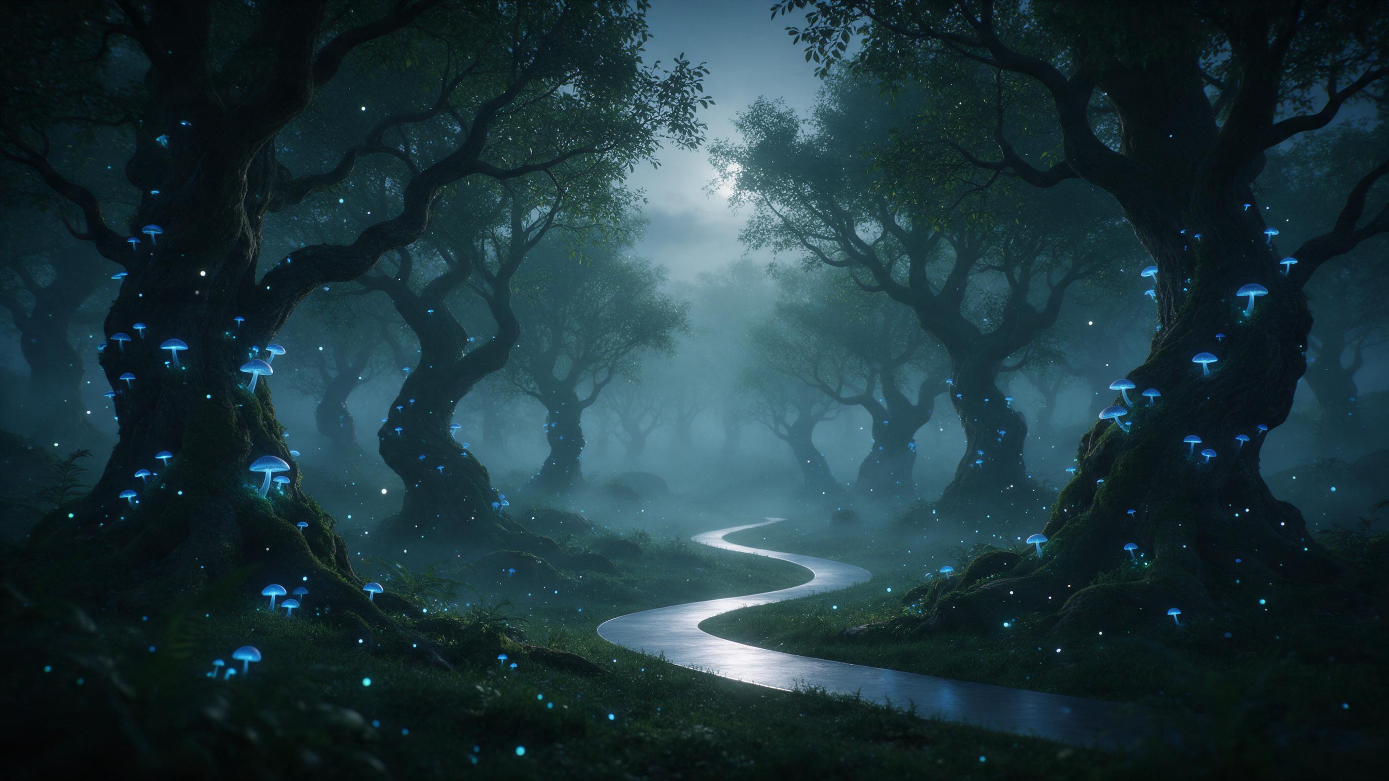 A misty bioluminescent forest at twilight, ancient twisted trees with glowing blue mushrooms and floating spores, a silver path winding into the distance, soft moonlight filtering through fog, ethereal and serene, wide-angle composition, deep greens and blues