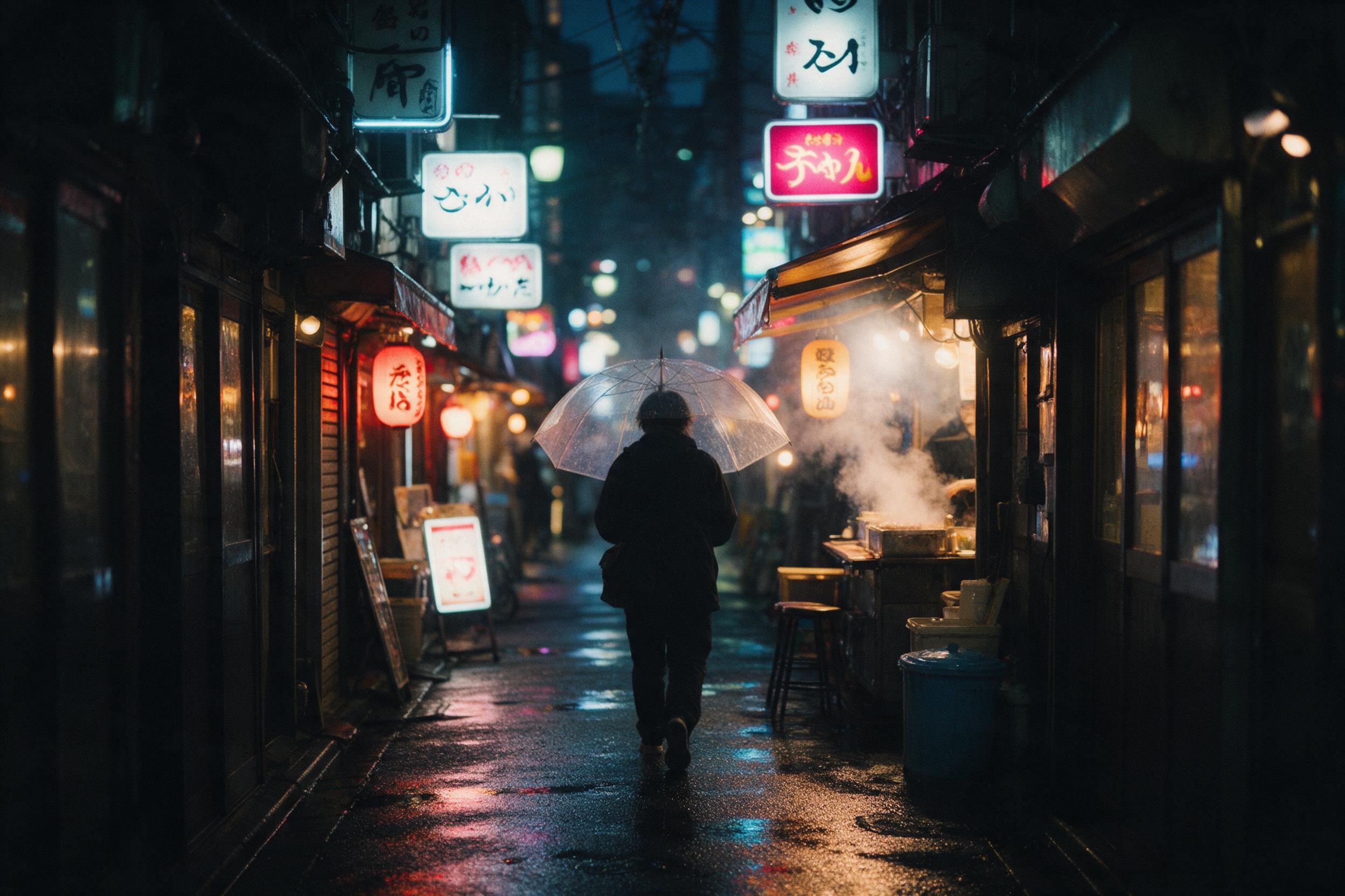 A quiet rainy evening in a narrow Tokyo alley, neon signs reflecting on wet asphalt, a lone figure with a transparent umbrella walking away, steam rising from a food stall, shallow depth of field, soft bokeh, natural moody lighting, slight camera shake, grain, no text, no watermark.