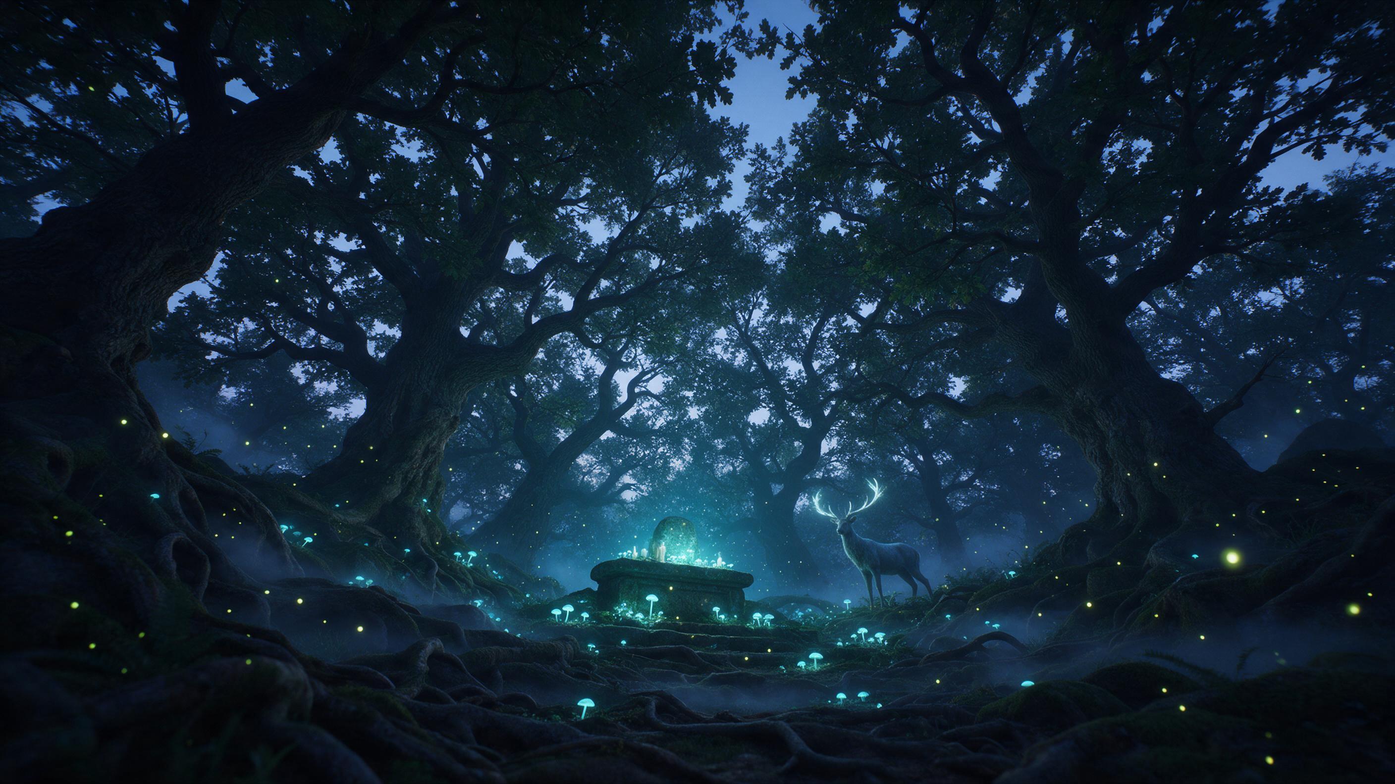 An ancient forest glade at blue hour, bioluminescent mushrooms casting soft teal light on a mossy stone altar, thin mist weaving between gnarled oak roots, a pale silver stag with glowing antlers standing poised, fireflies drifting, low-angle composition emphasizing the towering canopy, cool color p